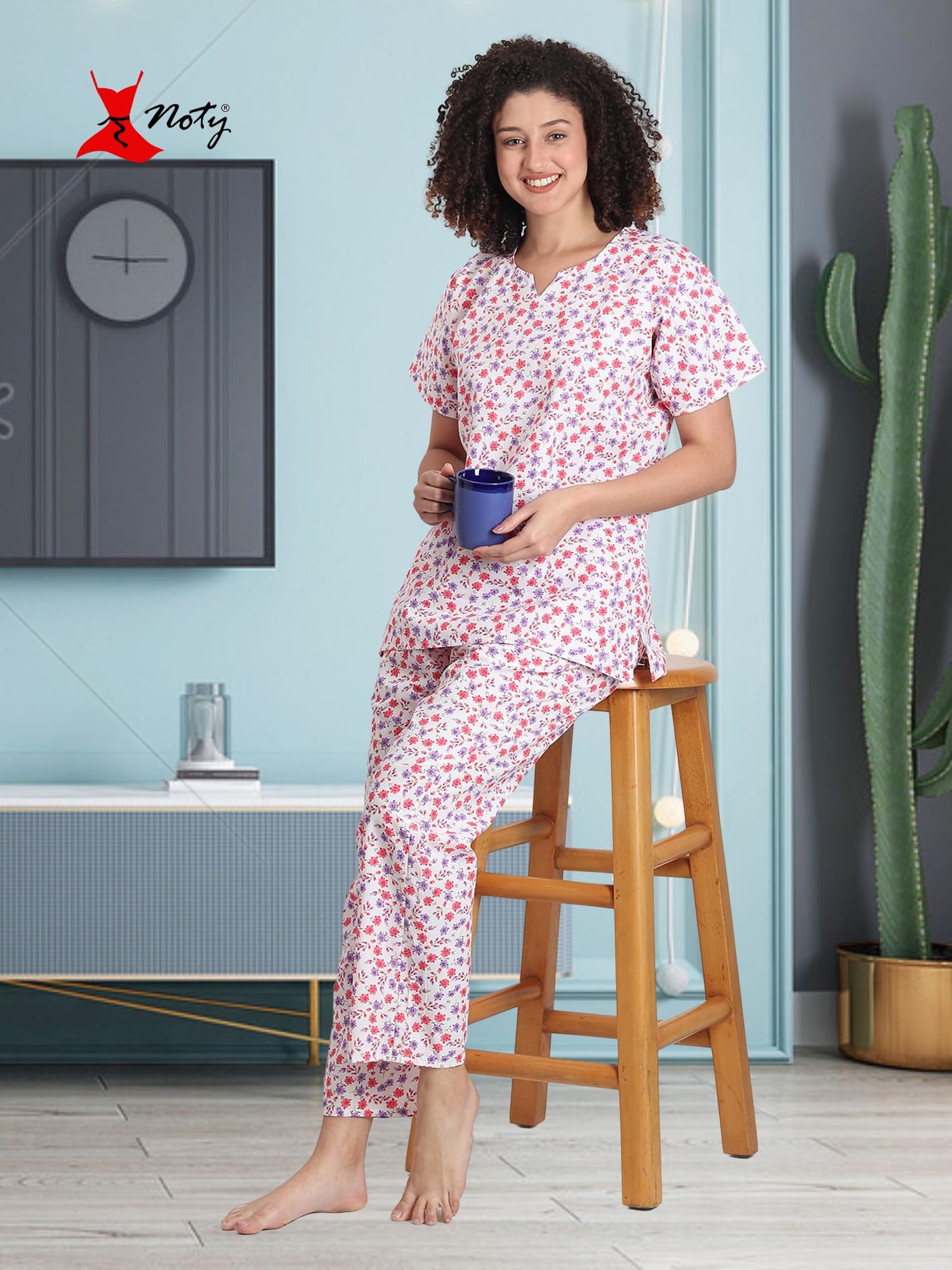 Noty ® Girl's/Women's Polyester and Cotton Mixed- Small Floral Printed- Night Suit/Night Wear/Lounge Wear/Night Dress