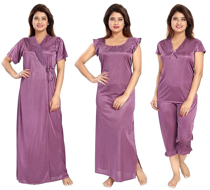 Noty ® Women's- 4 Pc- Nighty Set | Maxi | Robe |Gown- Satin Fabric- 4 Pc- Nighty with Robe and Night Suit