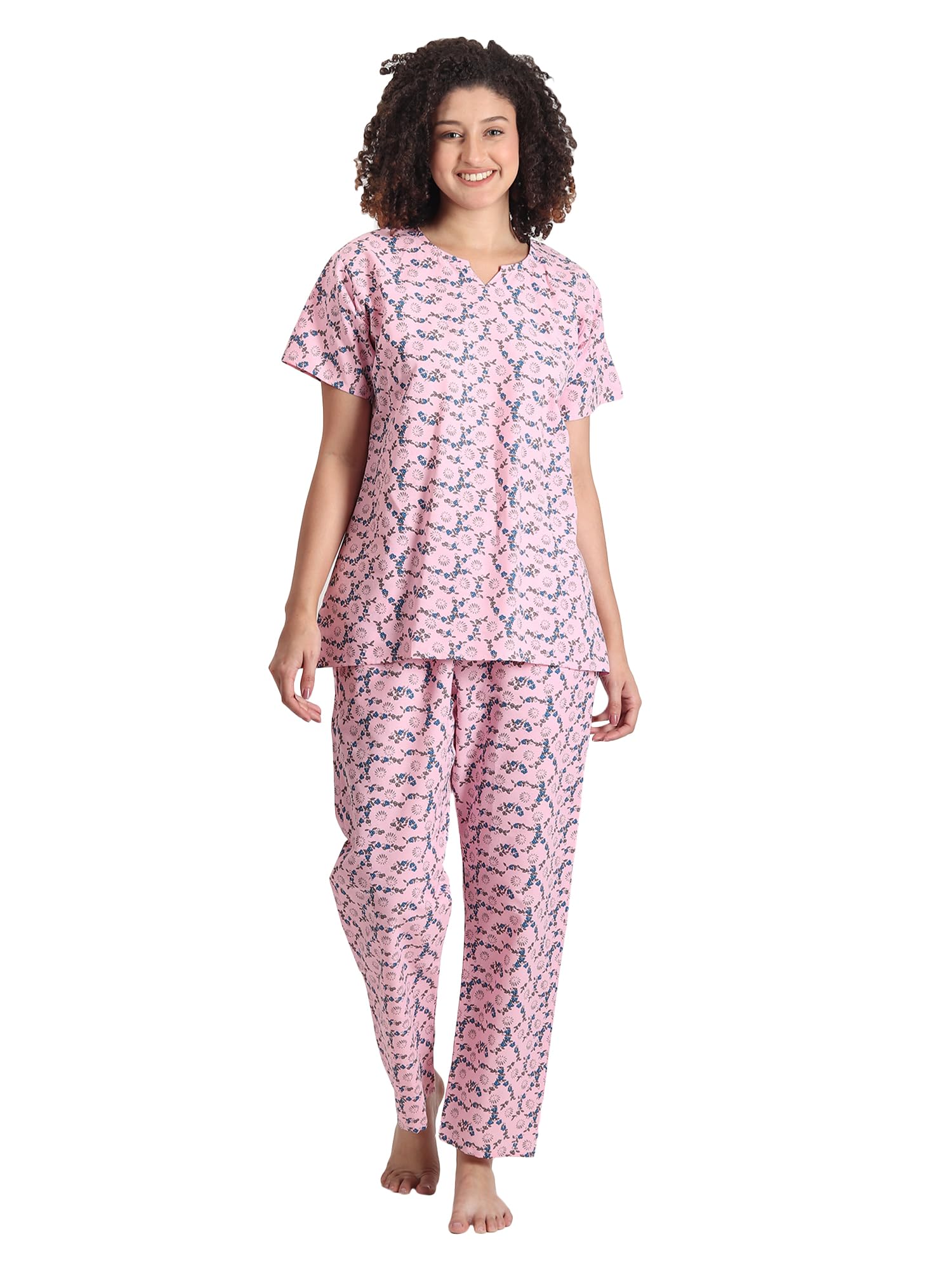 Noty ® Girl's/Women's Polyester and Cotton Mixed- Small Floral Printed- Night Suit/Night Wear/Lounge Wear/Night Dress