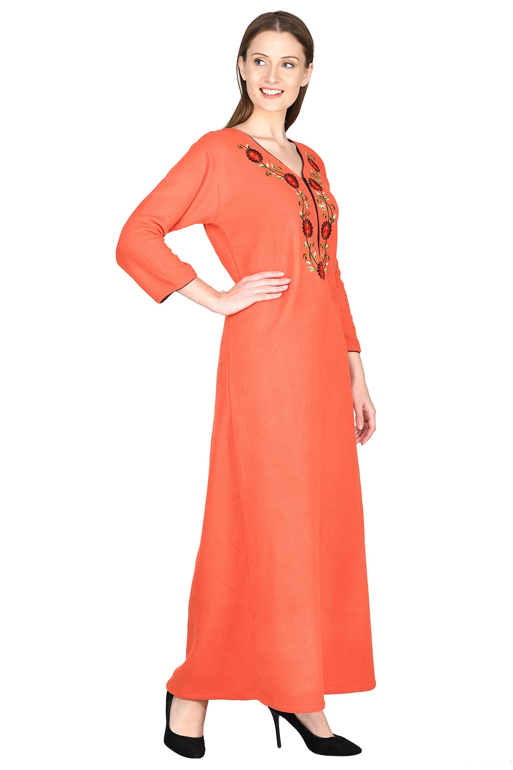 Noty Women Woolen Winter Fleece Nighty 3/4 Sleeve - Punch, Maroon, Deep Purple, Navy Blue