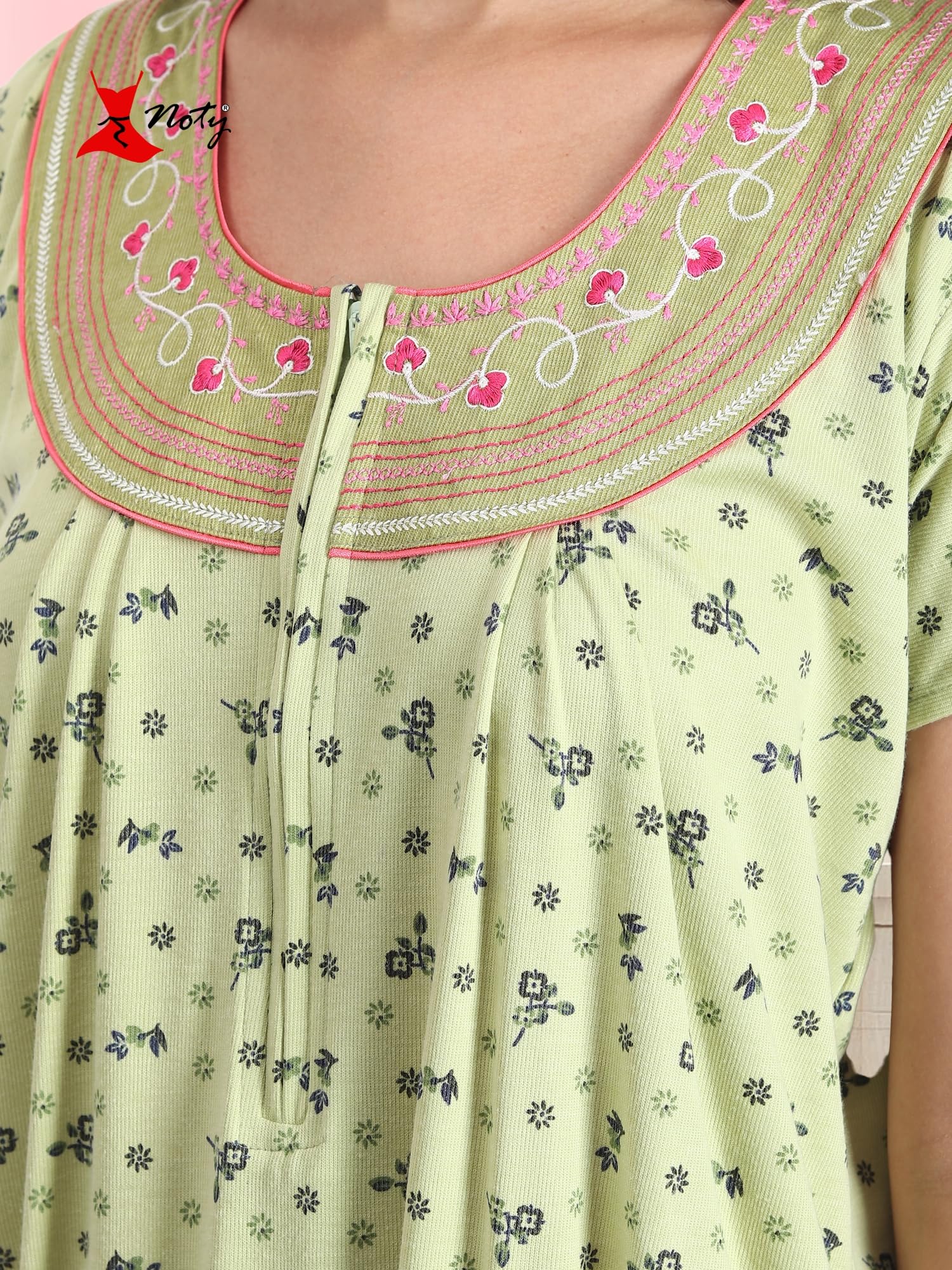 Noty® Women's- Nighty | Maxi | Gown- Poly Viscose Knits Fabric- Embroidery, Full Sleeves, Zip Closure