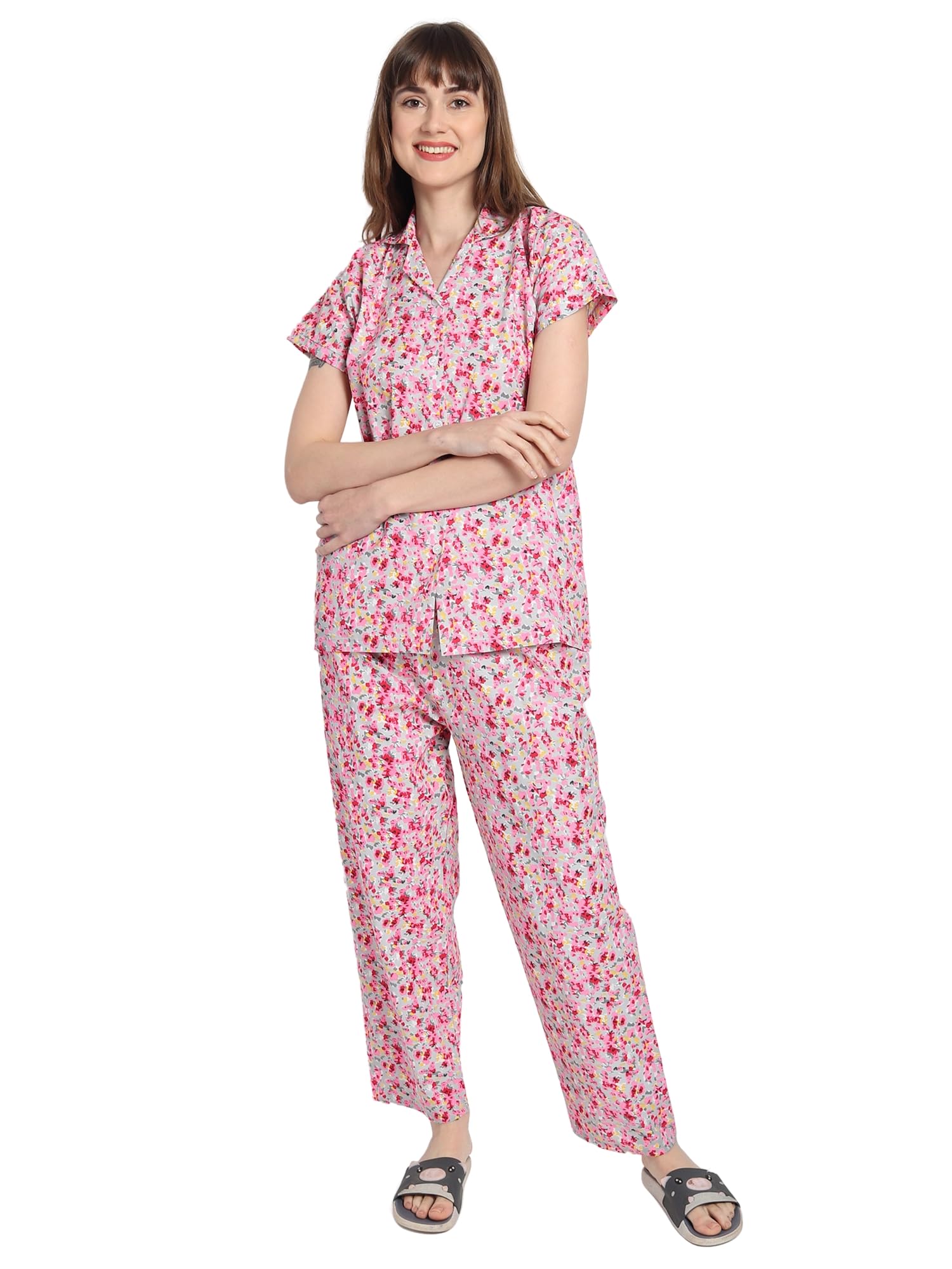 Noty ® Girl's/Women's Polyester and Cotton Mixed- Small Floral Printed- Night Suit/Night Wear/Lounge Wear/Night Dress