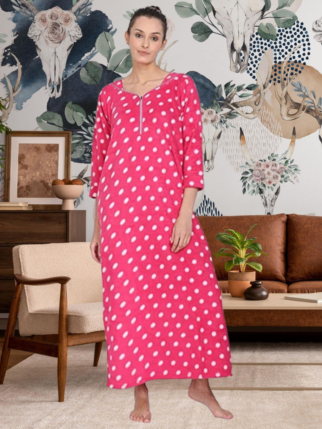 Noty Women Woolen Winter Fleece Nighty 3/4 Sleeve - Punch, Maroon, Deep Purple, Navy Blue