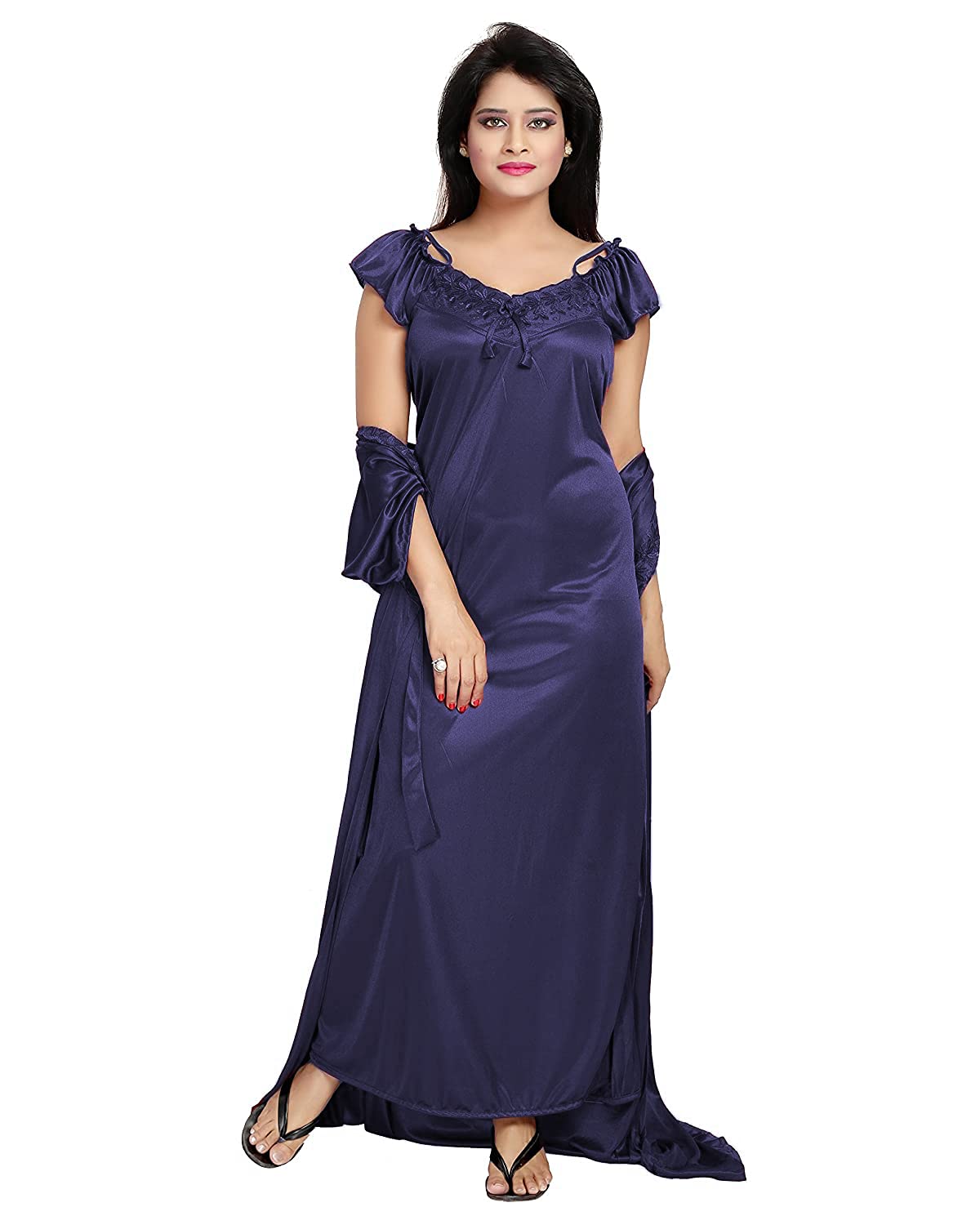 Noty Women's 4 Pc Nighty Set | Satin Nighty | Maxi with Robe | Solid Print | Top with Pajama | Lace work on Neck | Short Sleeves