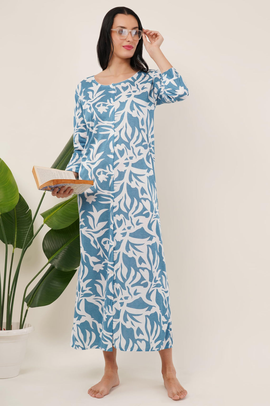 Noty® Women's- Maternity/Hospital/Delivery Gown- Poly Viscose Knits Fabric- Front Open | Printed | Round Neck with Button Closure | Pocket | Full Sleeves