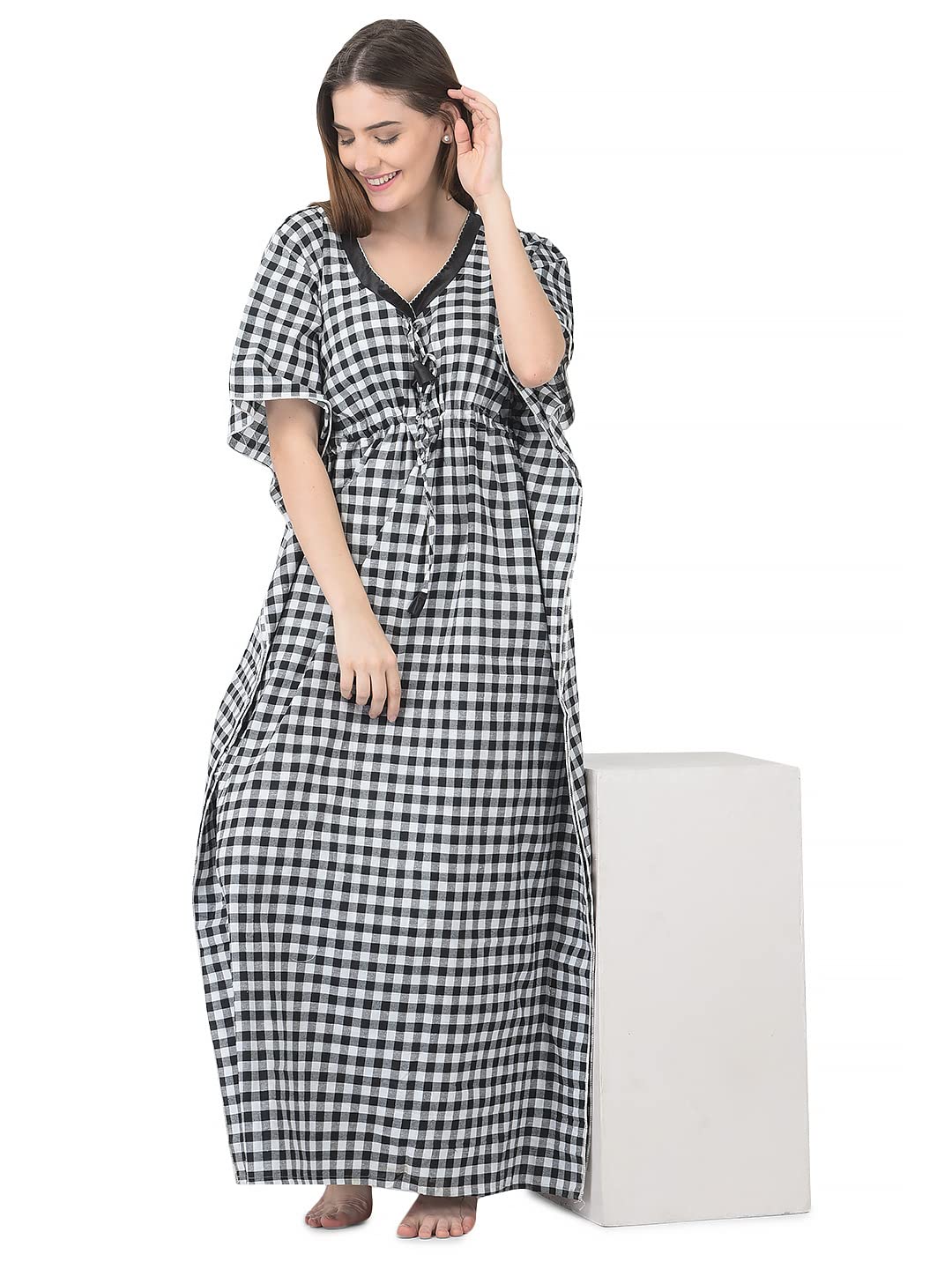 Noty Women Soft Cotton Kaftan Nighty | Check Print | Cotton Nighty | V Neck | Nightwear Nightdress