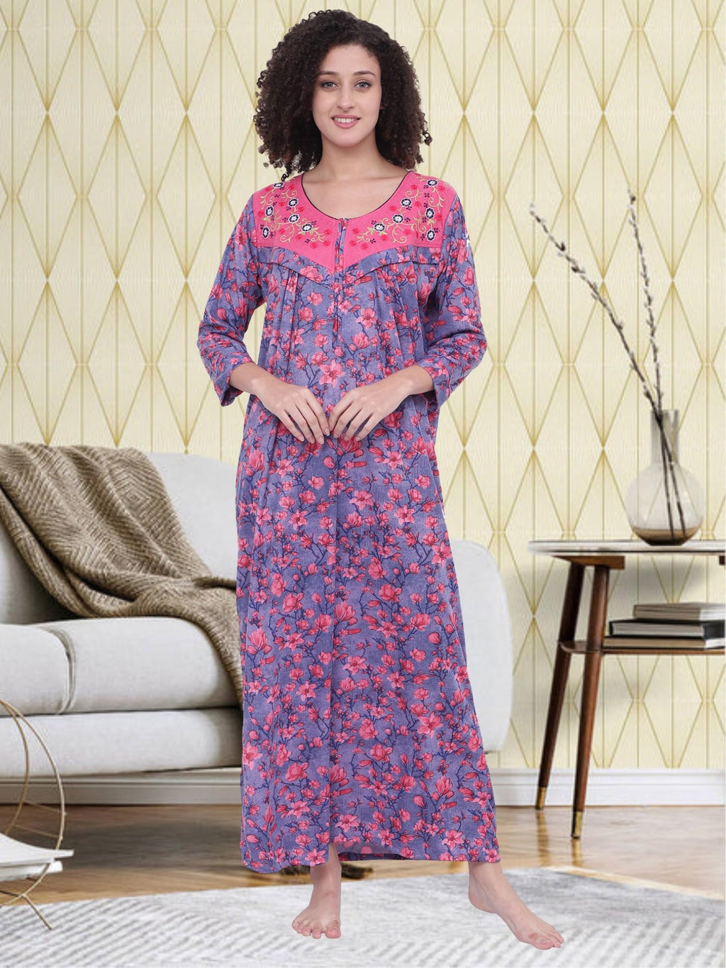 Noty ® Women's- Maternity | Feeding | Nursing | Nighty/Maxi/Gown- Poly Viscose Knits Fabric- Floral Embroidery, Zip on Both Sides, Full Sleeves
