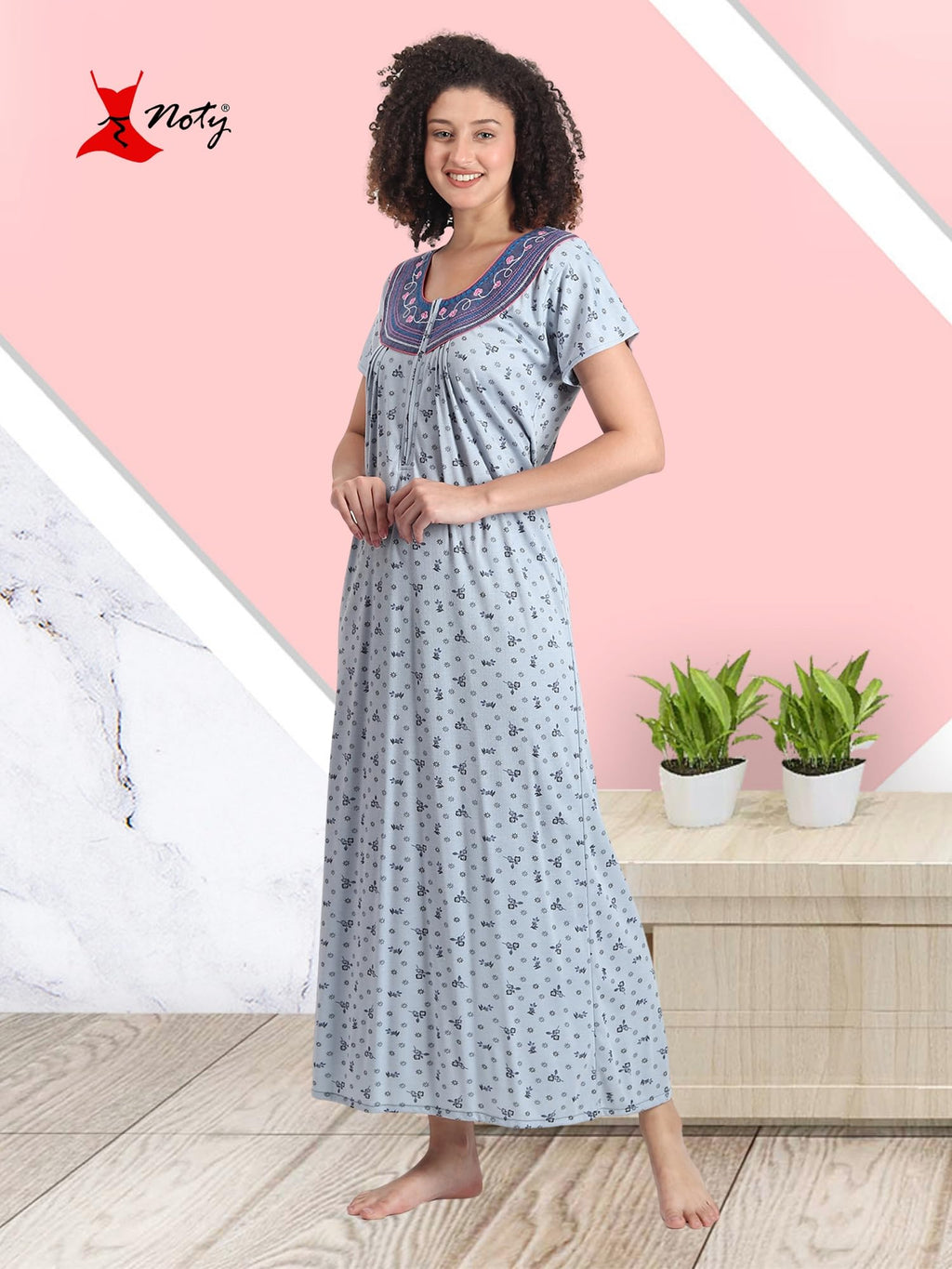 Noty® Women's- Nighty | Maxi | Gown- Poly Viscose Knits Fabric- Embroidery, Full Sleeves, Zip Closure