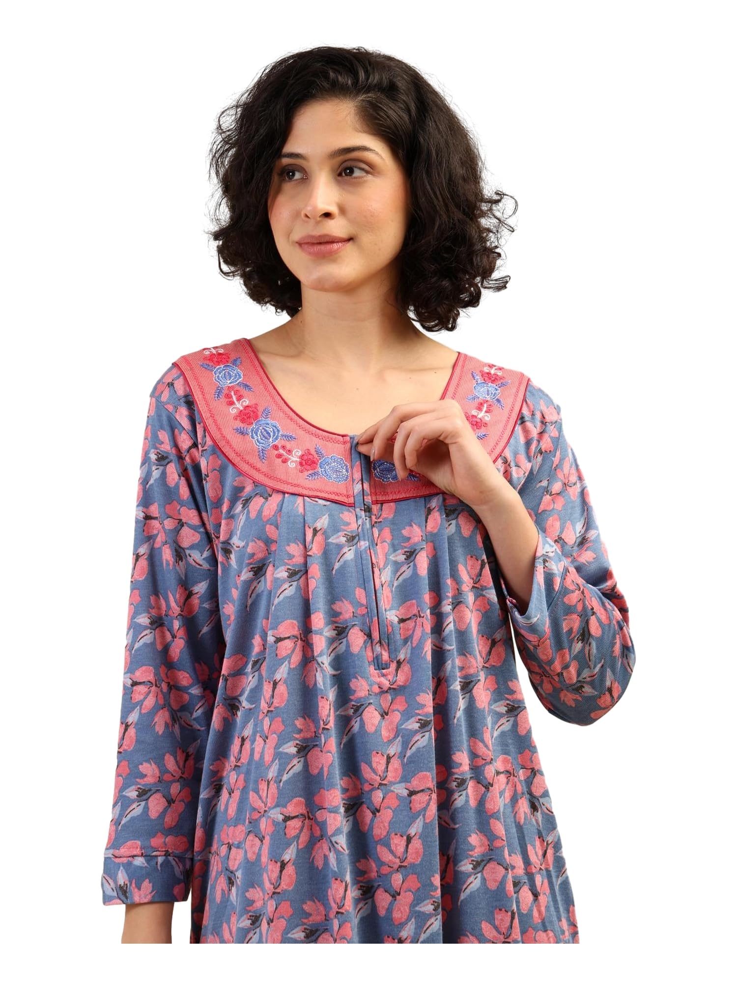 Noty® Women's- Nighty | Maxi | Gown- Poly Viscose Knits Fabric- Embroidery, Full Sleeves, Zip Closure