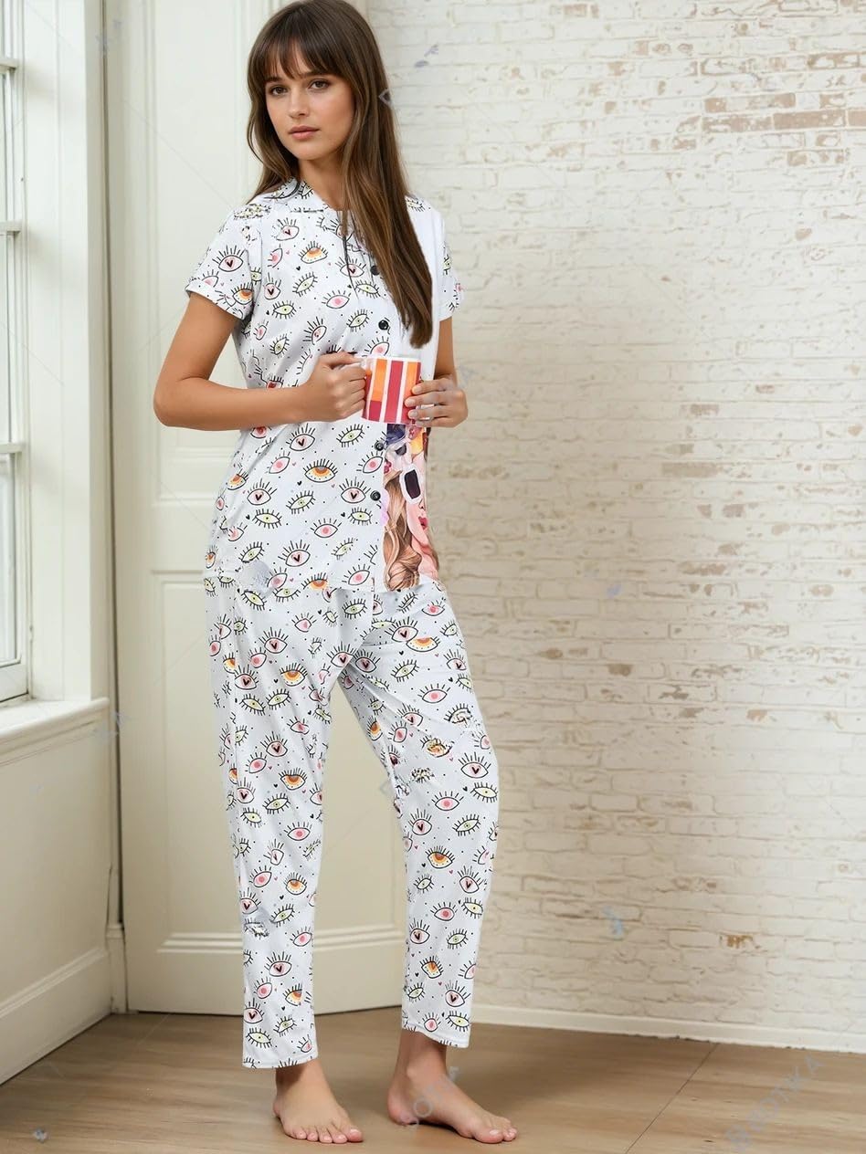 Noty ® Girl's/Women's Night Suit- Serena- Cool Print, Short Sleeves, V Neck