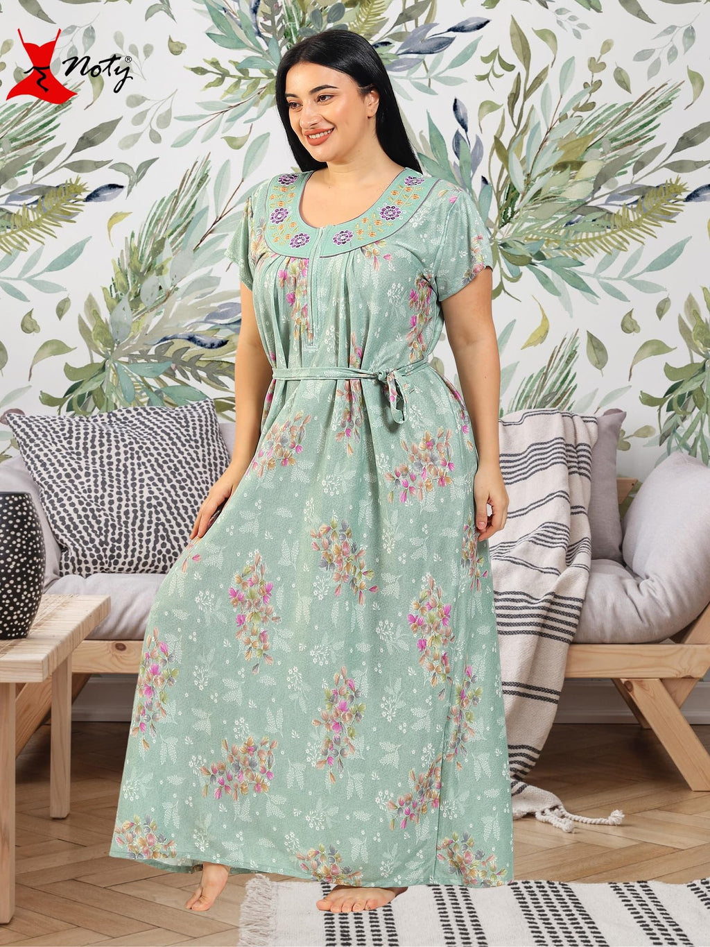 Noty ® Women's Plus Size- Nighty | Maxi | Gown- Poly Viscose Knits Fabric- Floral Printed with Embroidery (XX-Large, Olive Green)