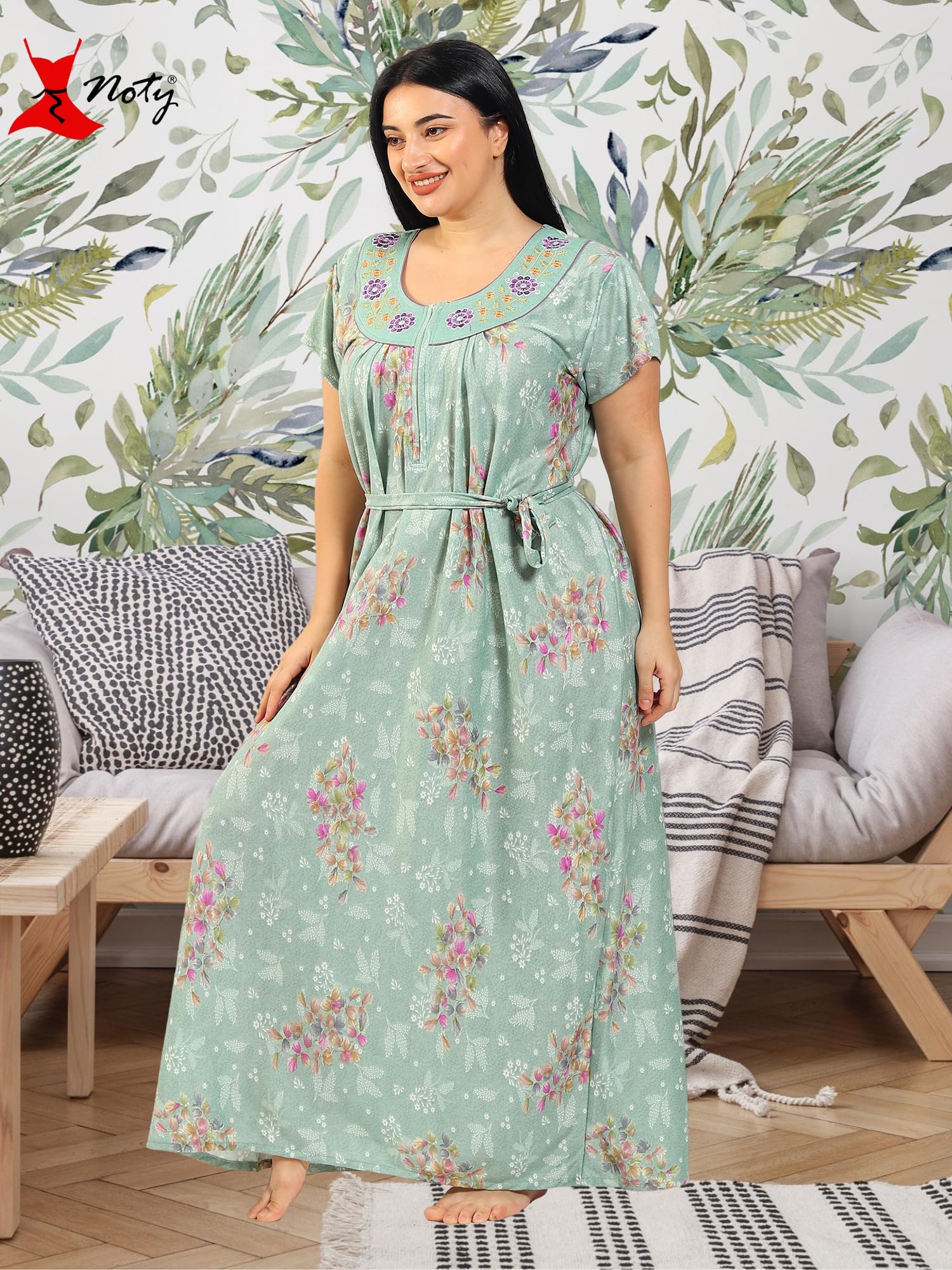 Noty ® Women's Plus Size- Nighty | Maxi | Gown- Poly Viscose Knits Fabric- Floral Printed with Embroidery (XX-Large, Olive Green)