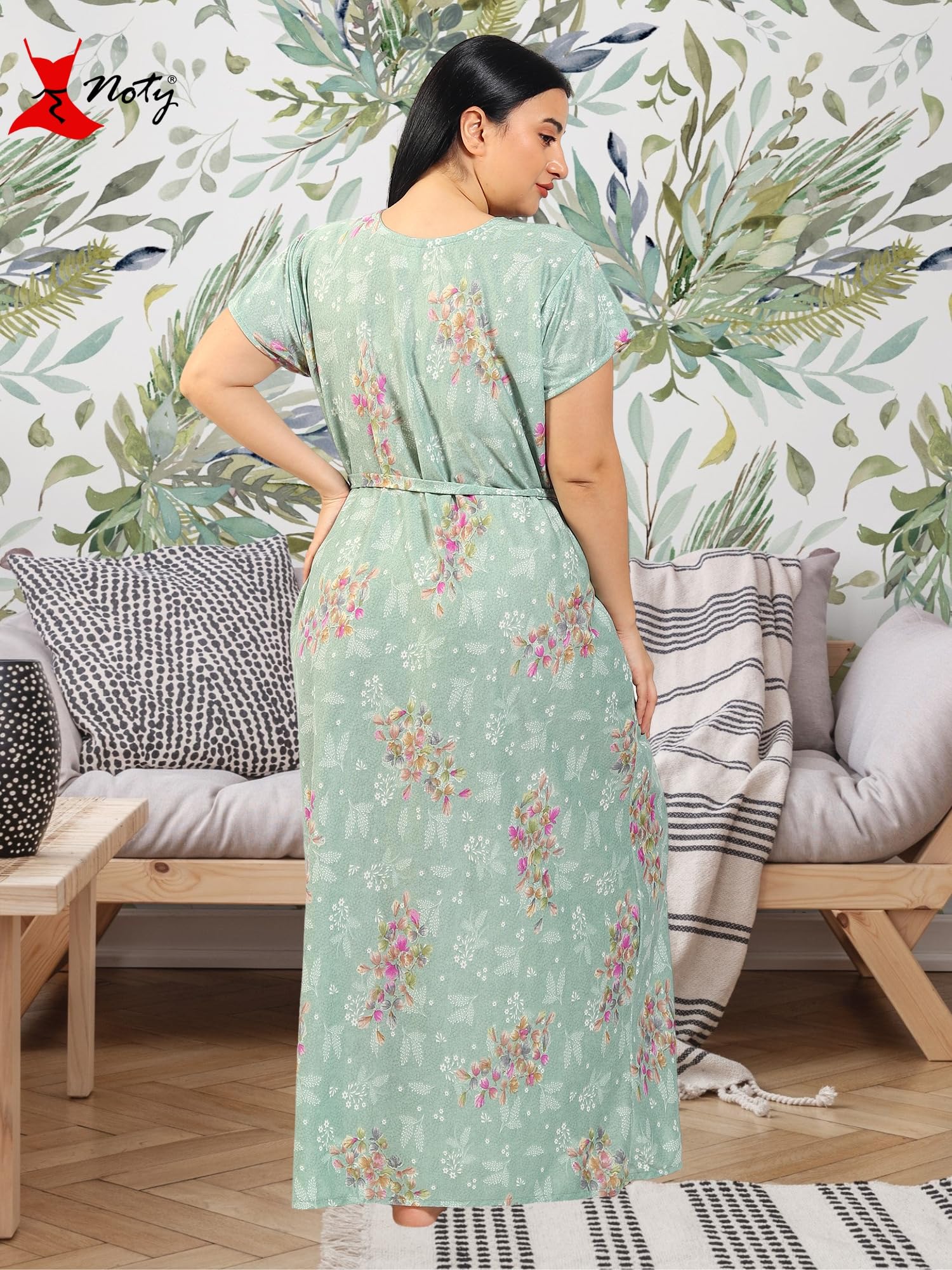 Noty ® Women's Plus Size- Nighty | Maxi | Gown- Poly Viscose Knits Fabric- Floral Printed with Embroidery (XX-Large, Olive Green)