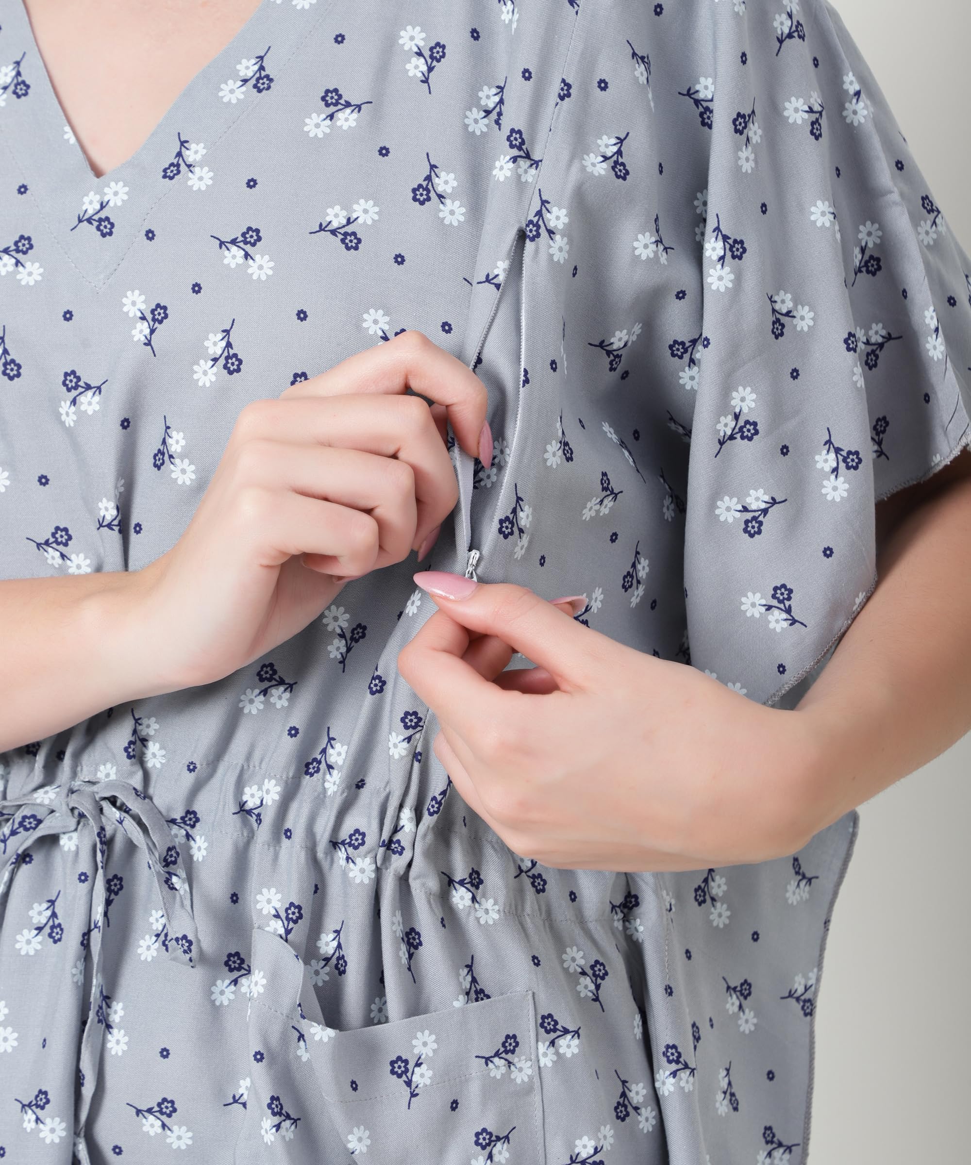 Noty® Women's-Printed Rayon Maternity & Nursing Kaftan with Both Side Zippers and Pockets | Soft & Breathable Feeding Nightwear Dress