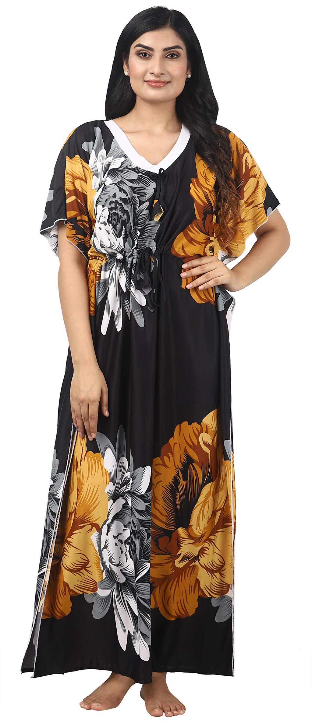 Noty Women's Kaftan Nighty | Serena Fabric | Floral Print Maxi | Short Sleeves | V Shaped Neck
