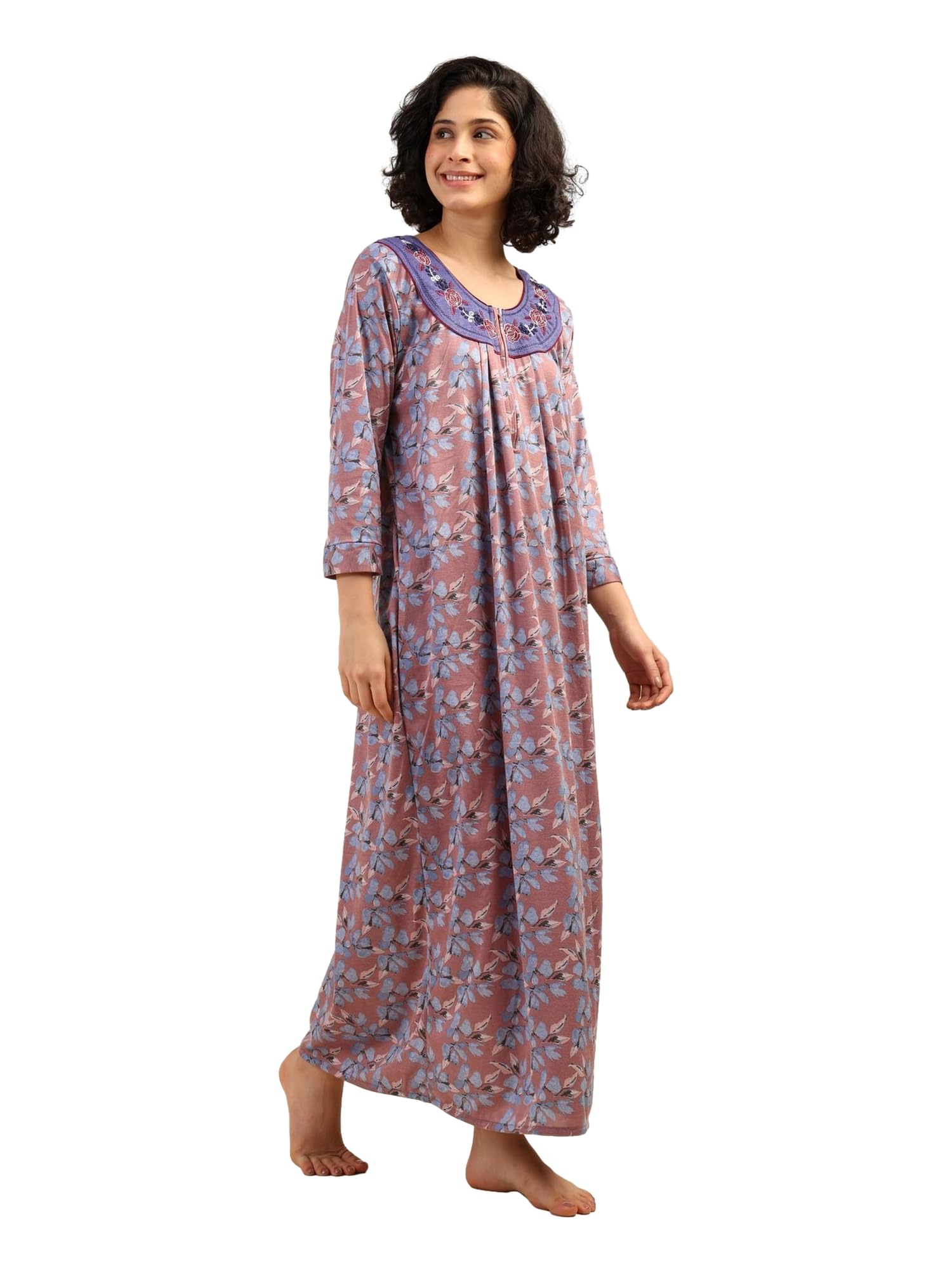 Noty® Women's- Nighty | Maxi | Gown- Poly Viscose Knits Fabric- Embroidery, Full Sleeves, Zip Closure
