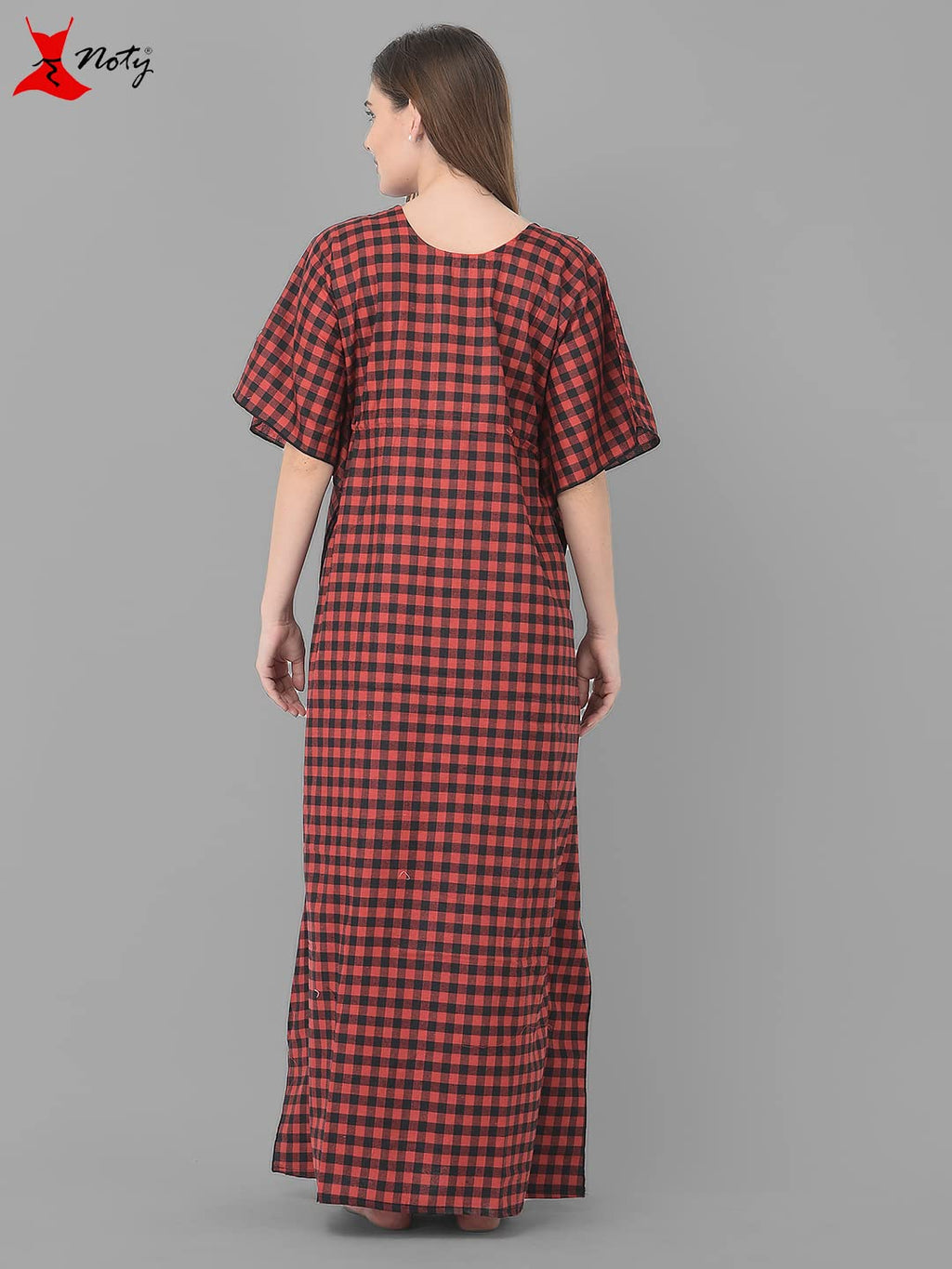 Noty Women Soft Cotton Kaftan Nighty | Check Print | Cotton Nighty | V Neck | Nightwear Nightdress