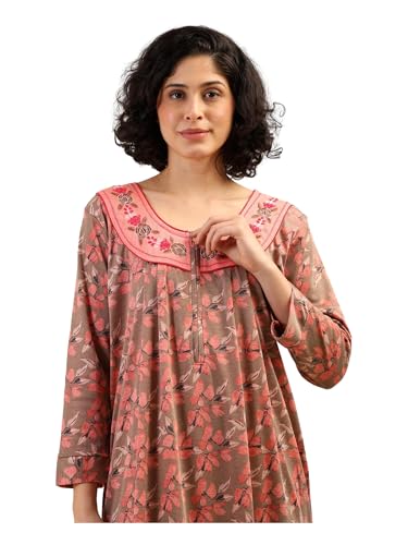 Noty® Women's- Nighty | Maxi | Gown- Poly Viscose Knits Fabric- Embroidery, Full Sleeves, Zip Closure