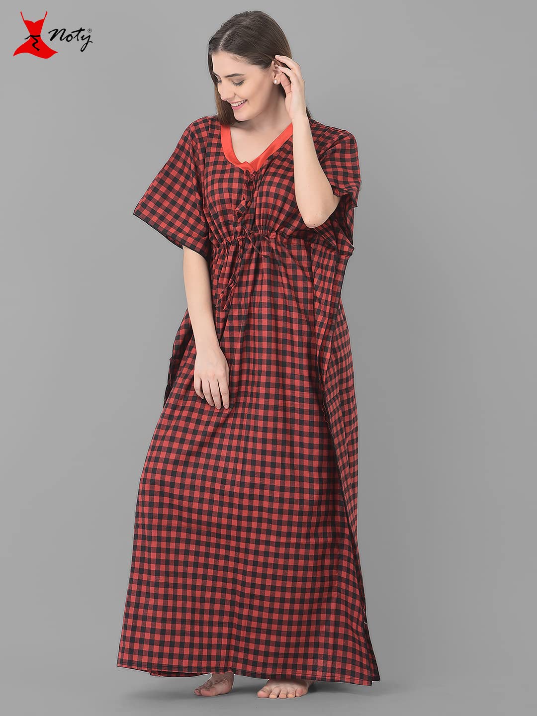 Noty Women Soft Cotton Kaftan Nighty | Check Print | Cotton Nighty | V Neck | Nightwear Nightdress