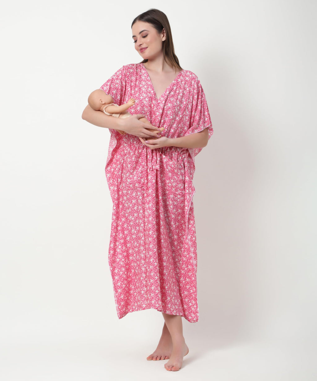 Noty® Women's-Printed Rayon Maternity & Nursing Kaftan with Both Side Zippers and Pockets | Soft & Breathable Feeding Nightwear Dress