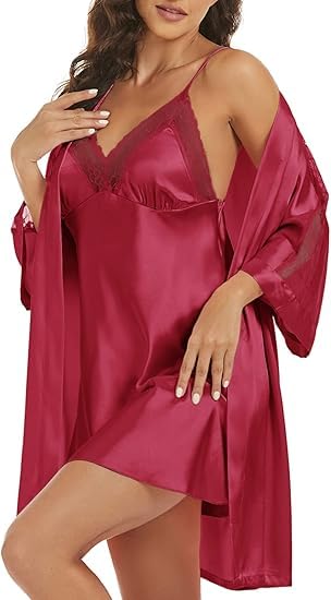 Noty ® Women's- 2 Pc Hot & Sexy Nightwear Set- Satin - Sexy Lace Chemise with Kimono Robe