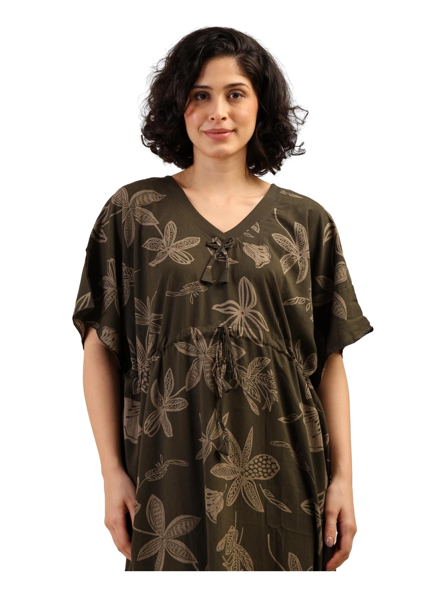 Noty® Women's- Kaftan | Maxi | Gown- 100% Pure Crush Cotton Fabric- V-Neck Floral Print