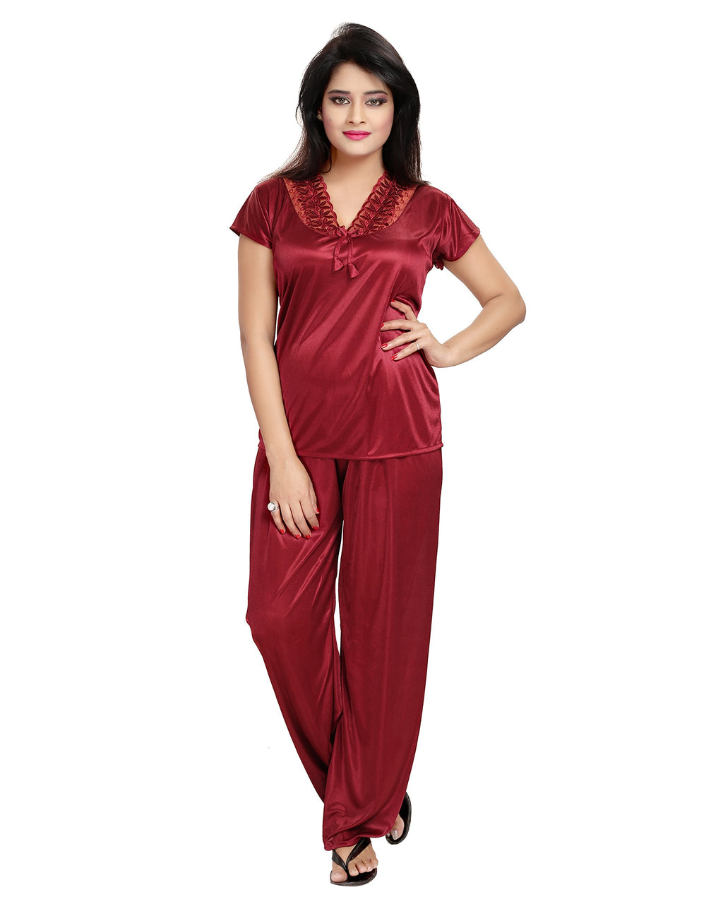 Noty Women's 4 Pc Nighty Set | Satin Nighty | Maxi with Robe | Solid Print | Top with Pajama | Lace work on Neck | Short Sleeves