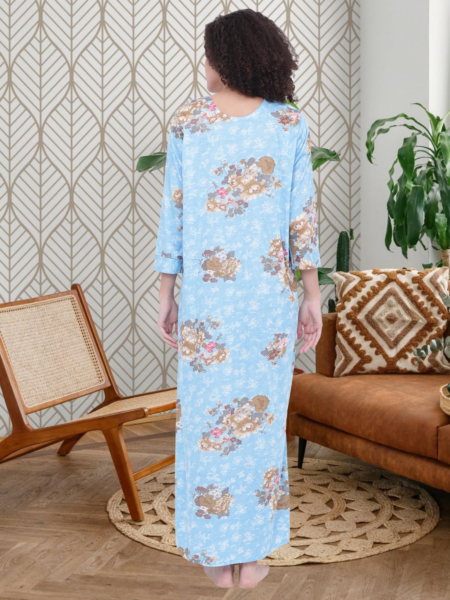 Noty® Women's- Nighty | Maxi | Gown- Poly Viscose Knits Fabric- Embroidery, Full Sleeves, Zip Closure