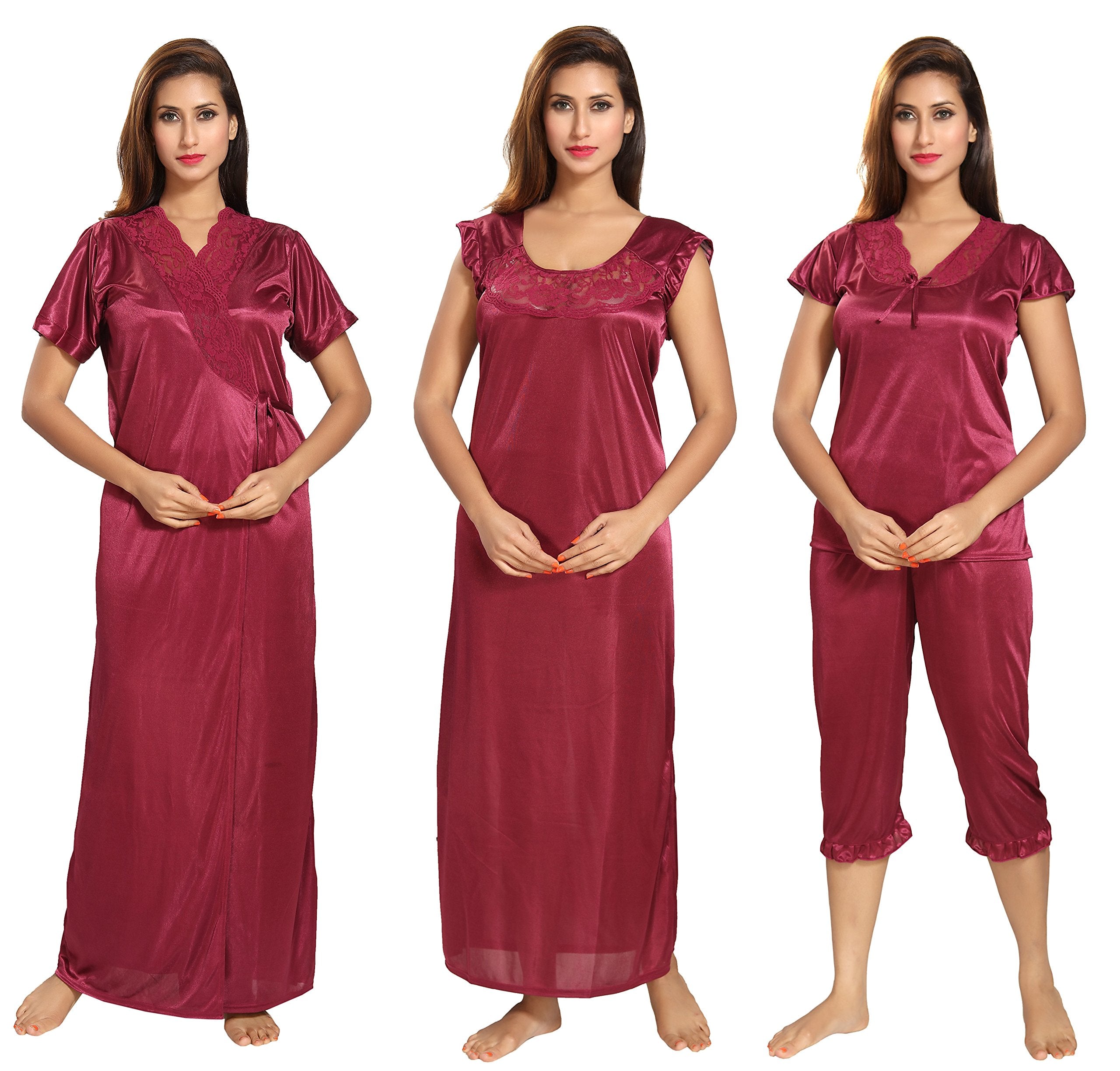 Noty Women's Satin Plain/Solid Nightwear Set Pack of 4