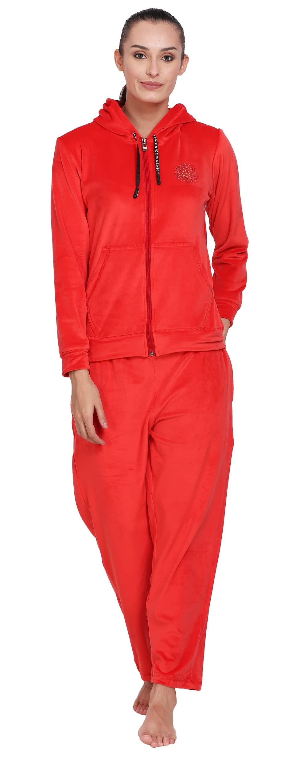 Noty® Night Suit Winter Velvet-Hoody with Zip-2 Side Pockets