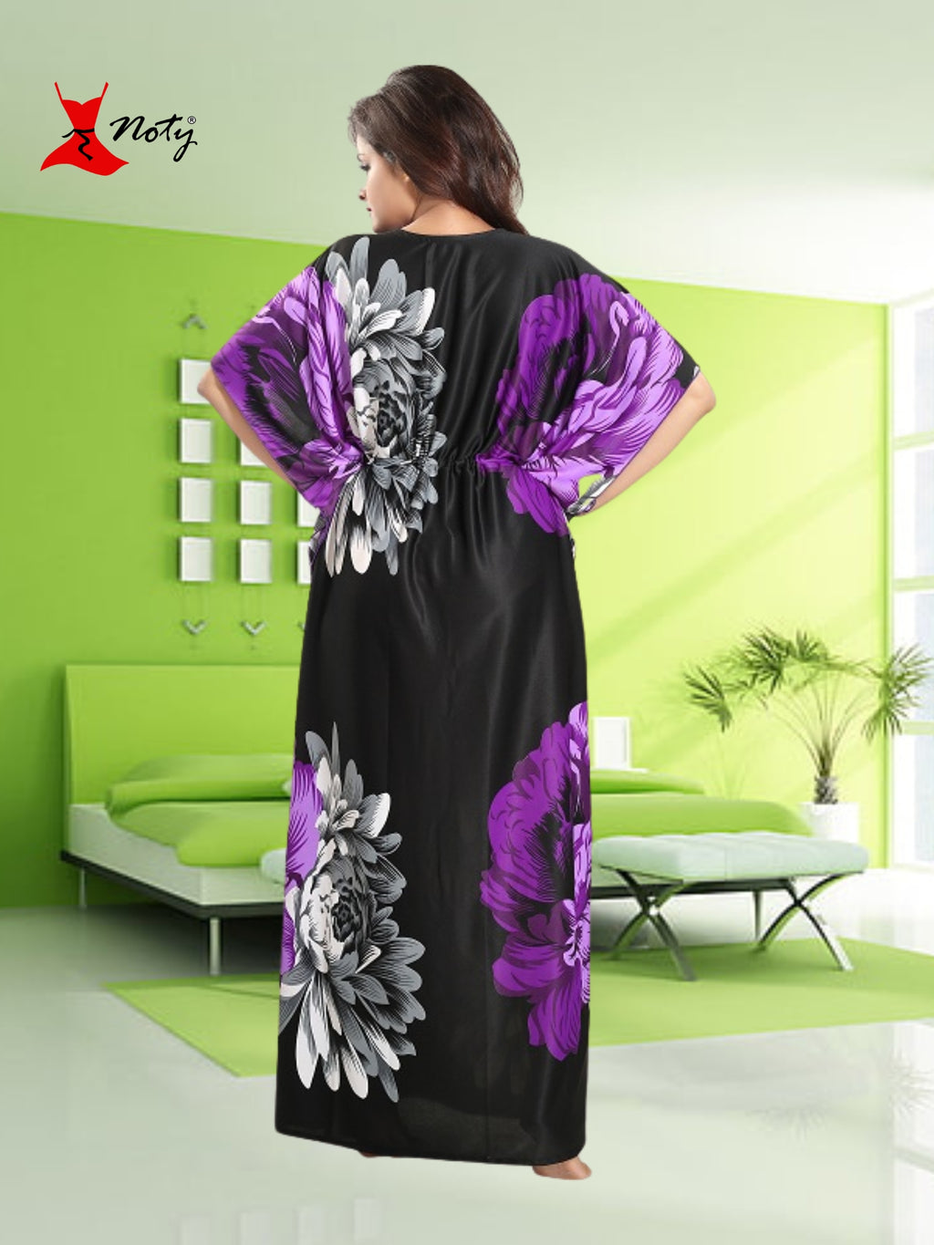 Noty Women's Kaftan Nighty | Serena Fabric | Floral Print Maxi | Short Sleeves | V Shaped Neck