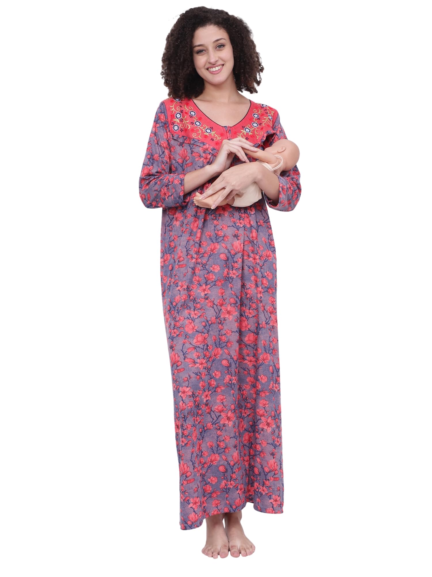 Noty ® Women's- Maternity | Feeding | Nursing | Nighty/Maxi/Gown- Poly Viscose Knits Fabric- Floral Embroidery, Zip on Both Sides, Full Sleeves