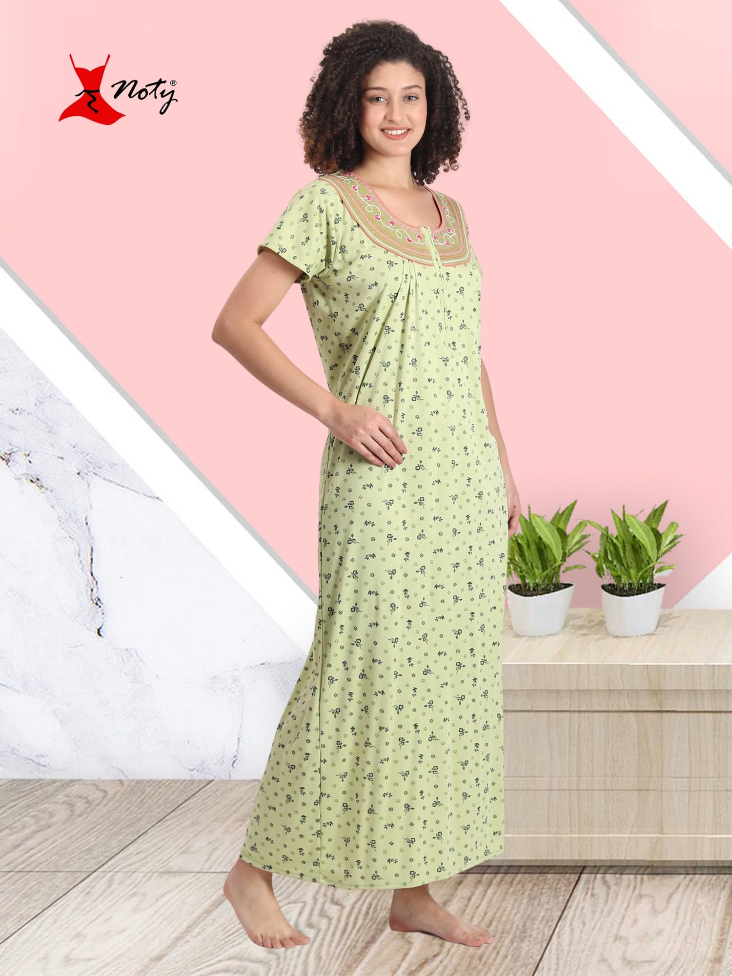 Noty® Women's- Nighty | Maxi | Gown- Poly Viscose Knits Fabric- Embroidery, Full Sleeves, Zip Closure