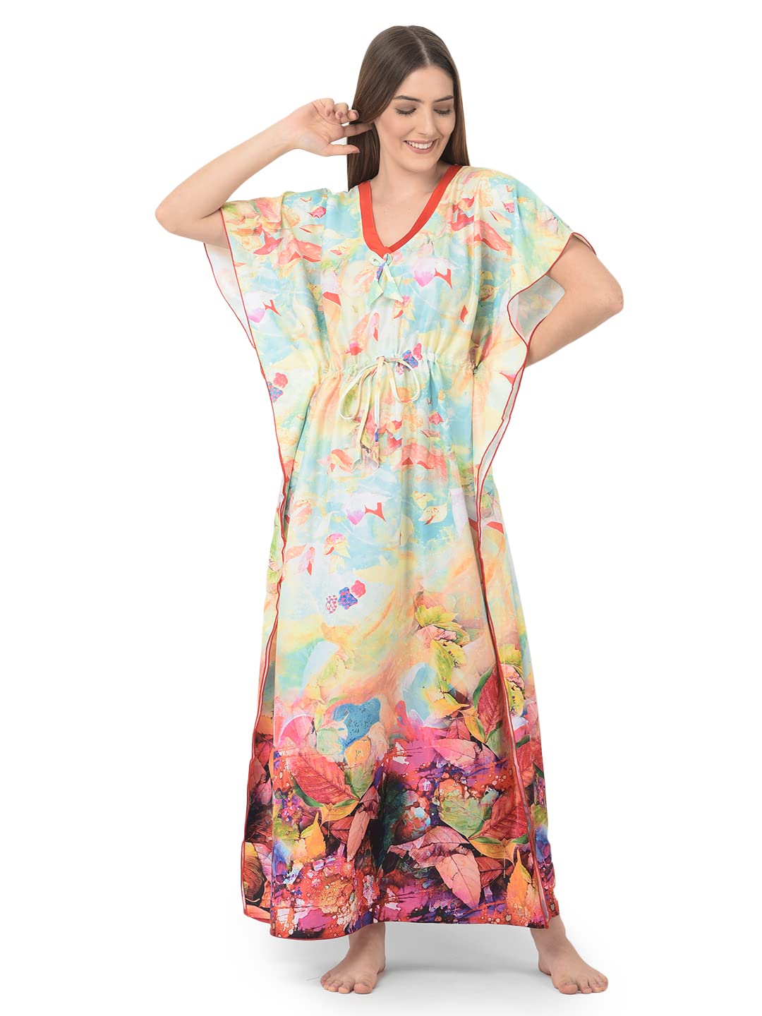 Noty ยฎ Women's Kaftan Nighty | Digital Print | Sarena Fabric | V Shaped Neck Nightwear | Nightdress for Girl