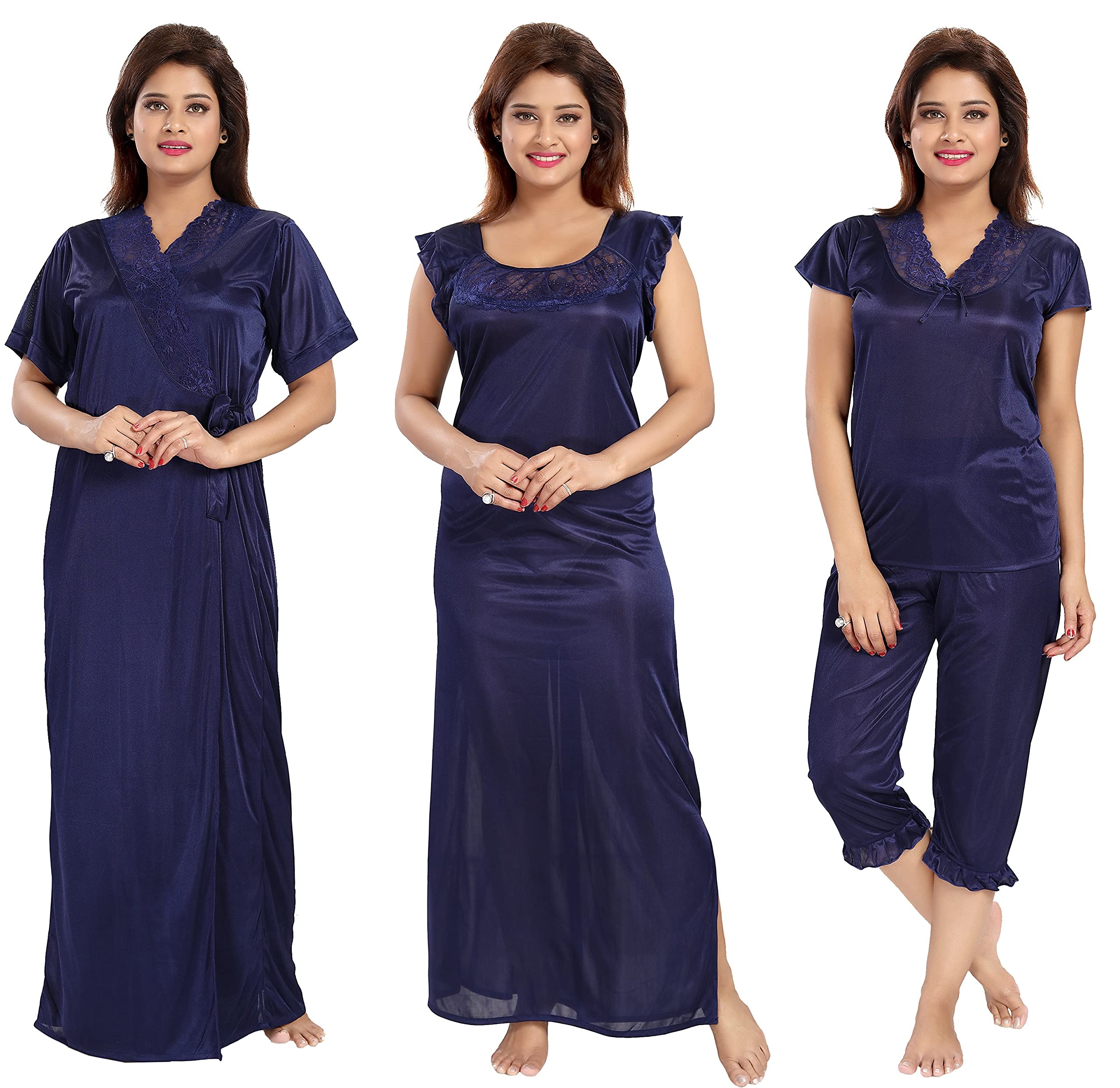 Noty ® Women's- 4 Pc- Nighty Set | Maxi | Robe |Gown- Satin Fabric- 4 Pc- Nighty with Robe and Night Suit