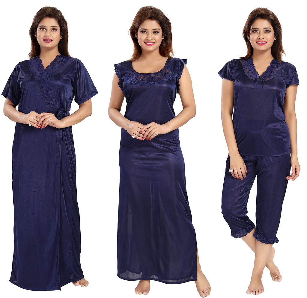 Noty ® Women's- 4 Pc- Nighty Set | Maxi | Robe |Gown- Satin Fabric- 4 Pc- Nighty with Robe and Night Suit