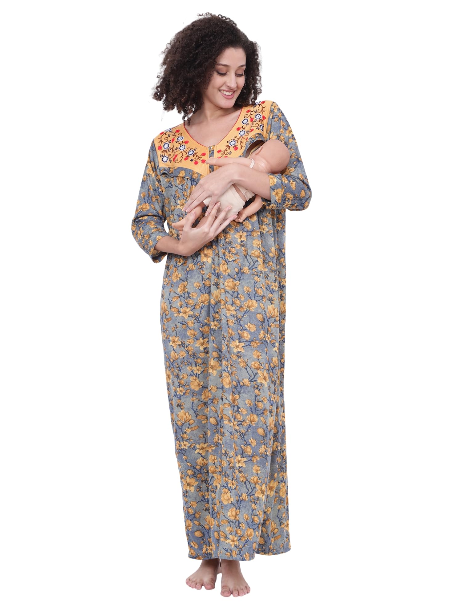 Noty ® Women's- Maternity | Feeding | Nursing | Nighty/Maxi/Gown- Poly Viscose Knits Fabric- Floral Embroidery, Zip on Both Sides, Full Sleeves