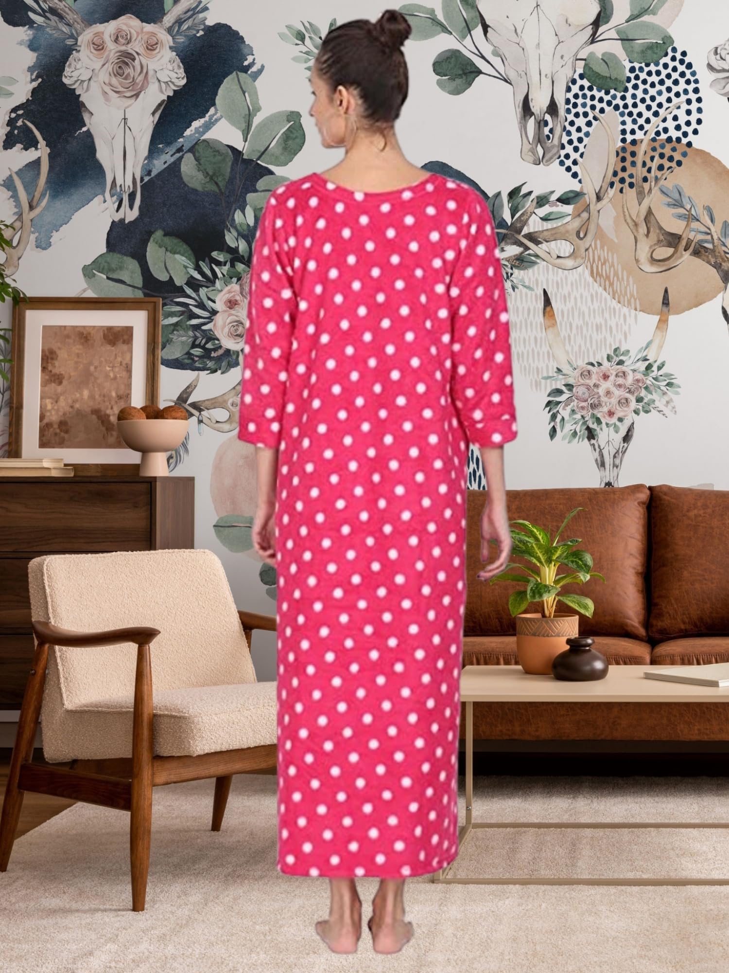 Noty Women Woolen Winter Fleece Nighty 3/4 Sleeve - Punch, Maroon, Deep Purple, Navy Blue