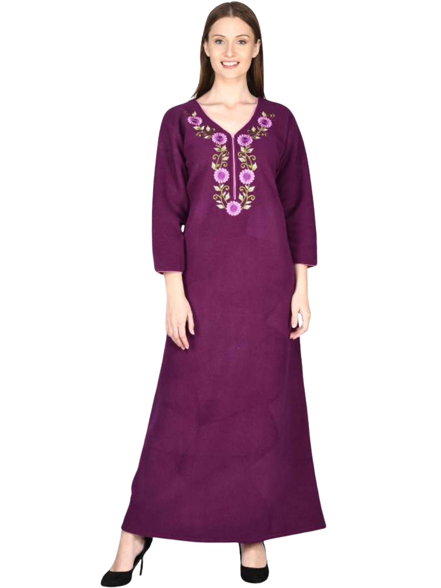 Noty Women Woolen Winter Fleece Nighty 3/4 Sleeve - Punch, Maroon, Deep Purple, Navy Blue
