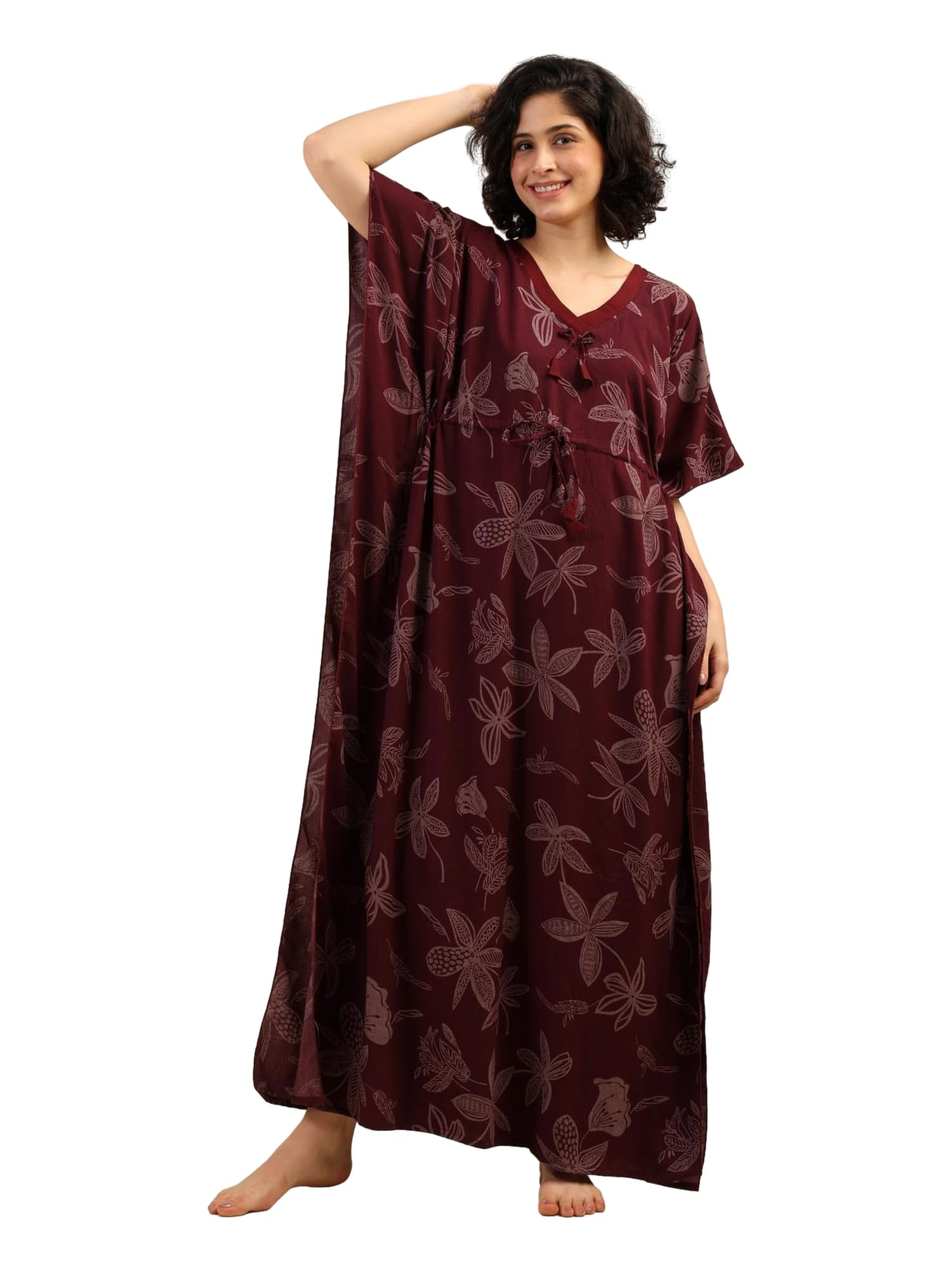 Noty® Women's- Kaftan | Maxi | Gown- 100% Pure Crush Cotton Fabric- V-Neck Floral Print
