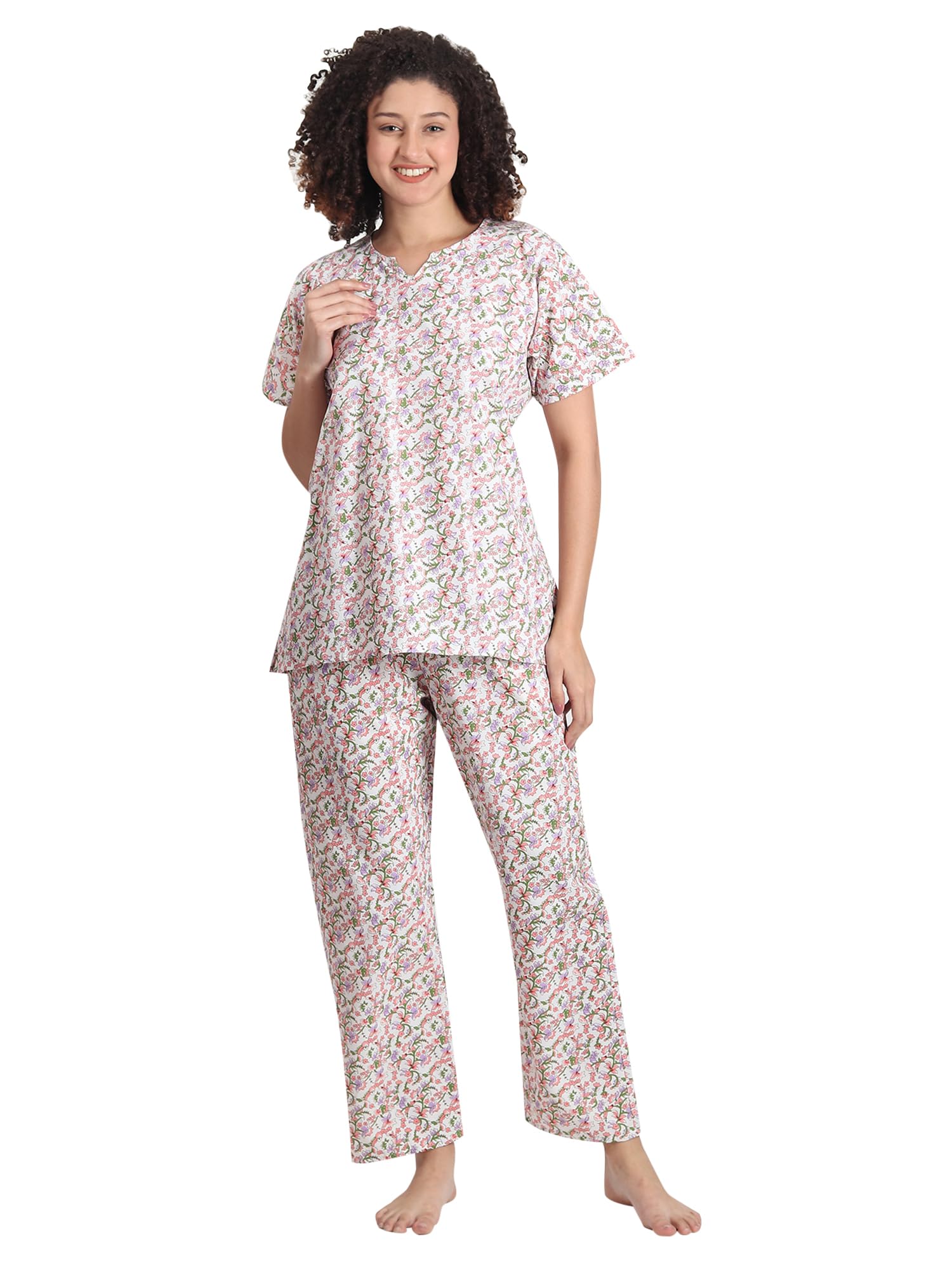 Noty ® Girl's/Women's Polyester and Cotton Mixed- Small Floral Printed- Night Suit/Night Wear/Lounge Wear/Night Dress