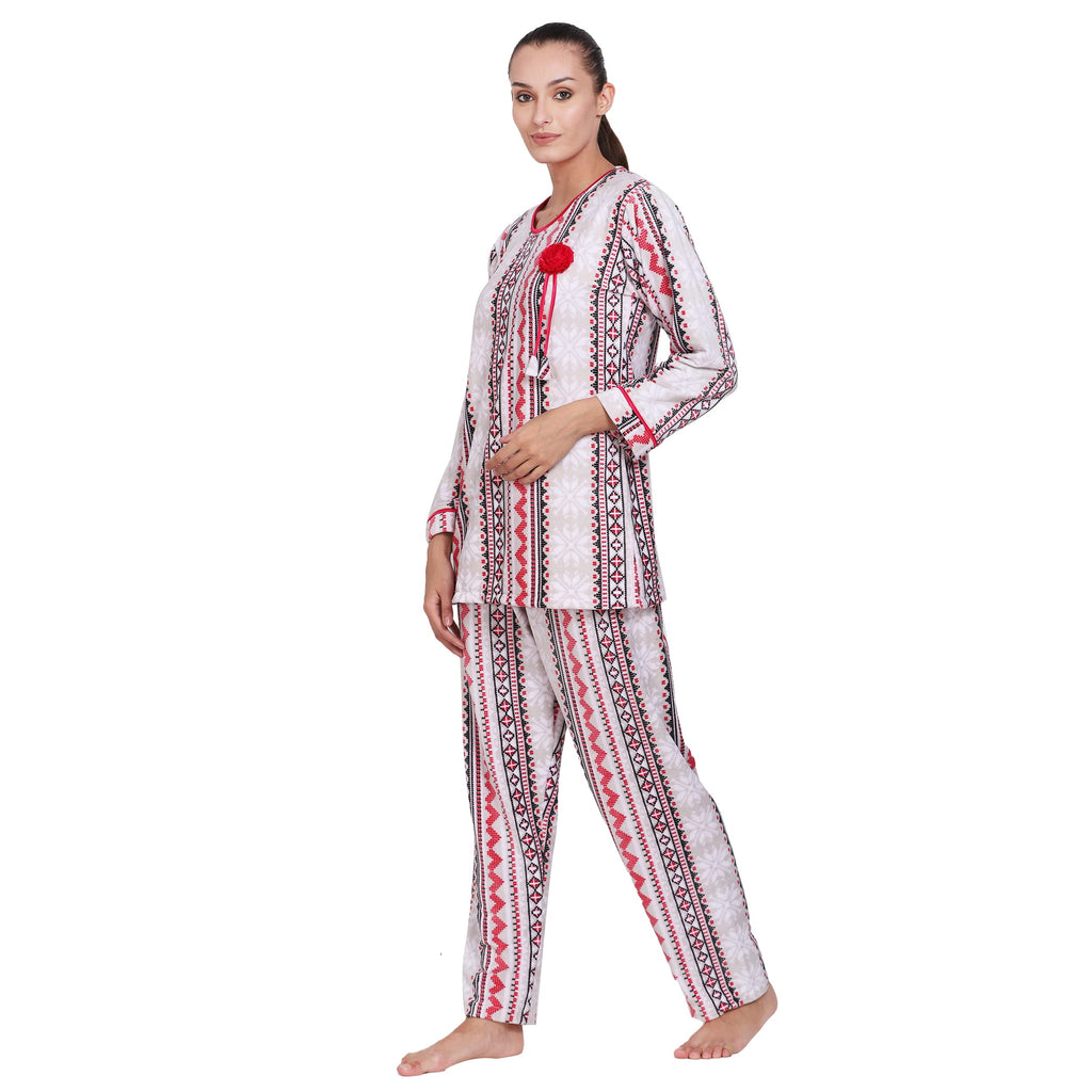 Noty- Night Suit Winter Velvet-Round Neck- Printed