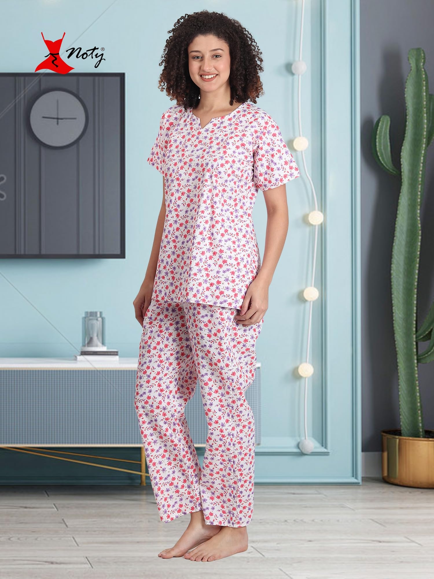 Noty ® Girl's/Women's Polyester and Cotton Mixed- Small Floral Printed- Night Suit/Night Wear/Lounge Wear/Night Dress