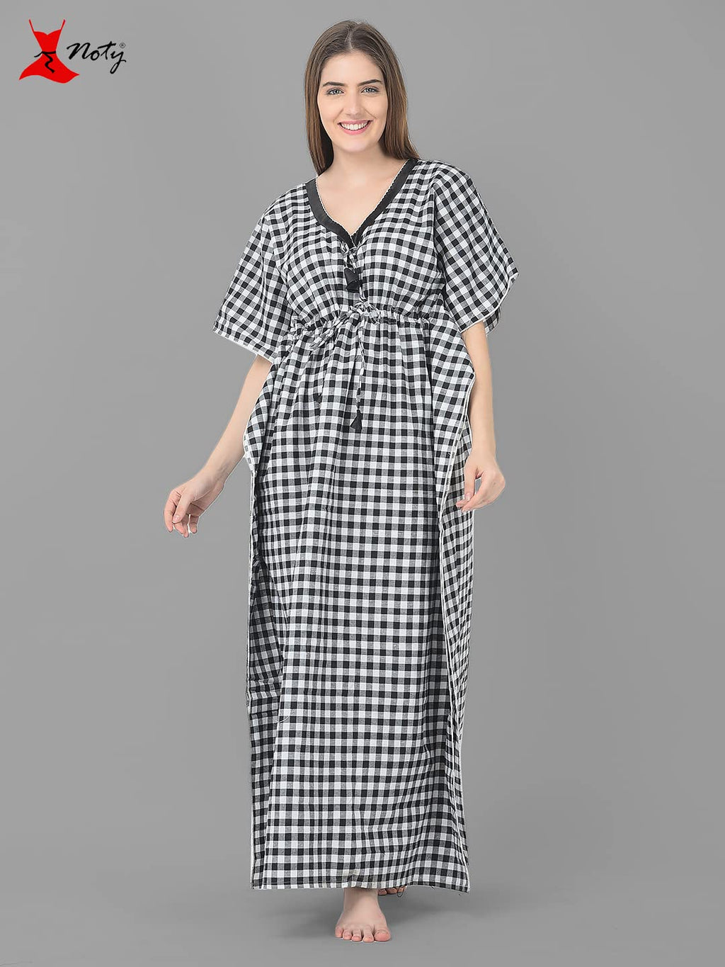 Noty Women Soft Cotton Kaftan Nighty | Check Print | Cotton Nighty | V Neck | Nightwear Nightdress