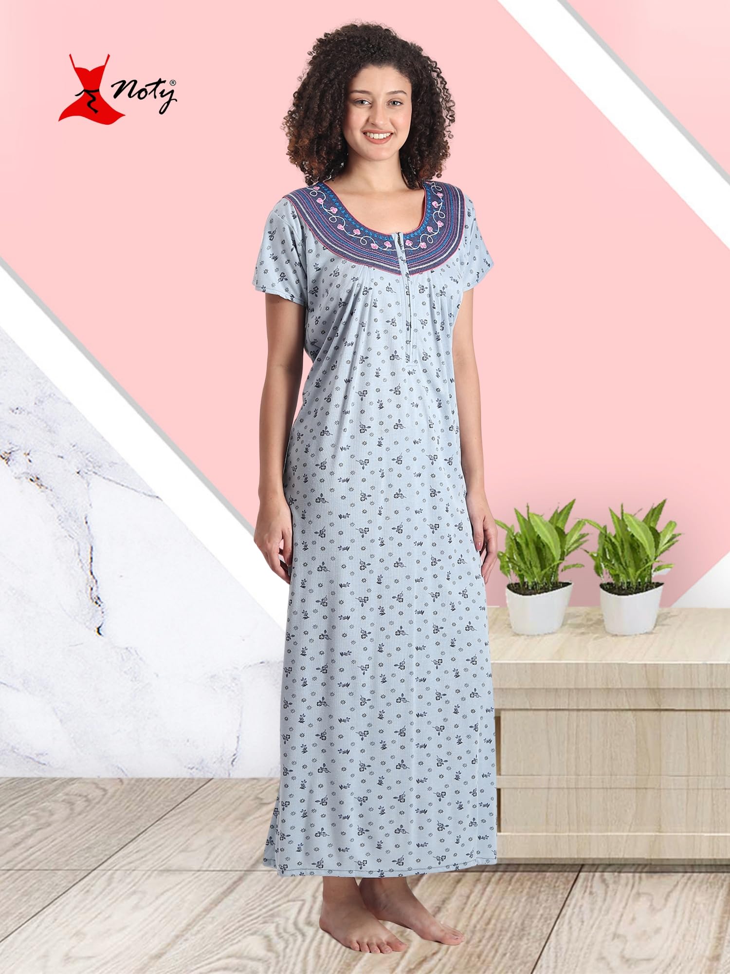 Noty® Women's- Nighty | Maxi | Gown- Poly Viscose Knits Fabric- Embroidery, Full Sleeves, Zip Closure