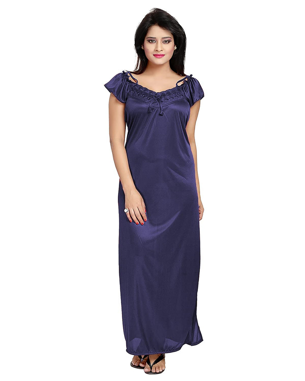 Noty Women's 4 Pc Nighty Set | Satin Nighty | Maxi with Robe | Solid Print | Top with Pajama | Lace work on Neck | Short Sleeves