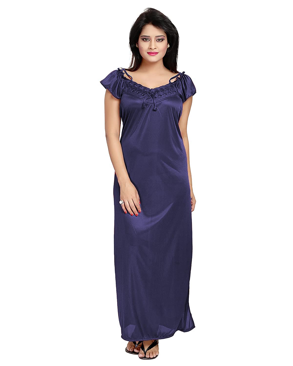 Noty Women's 4 Pc Nighty Set | Satin Nighty | Maxi with Robe | Solid Print | Top with Pajama | Lace work on Neck | Short Sleeves