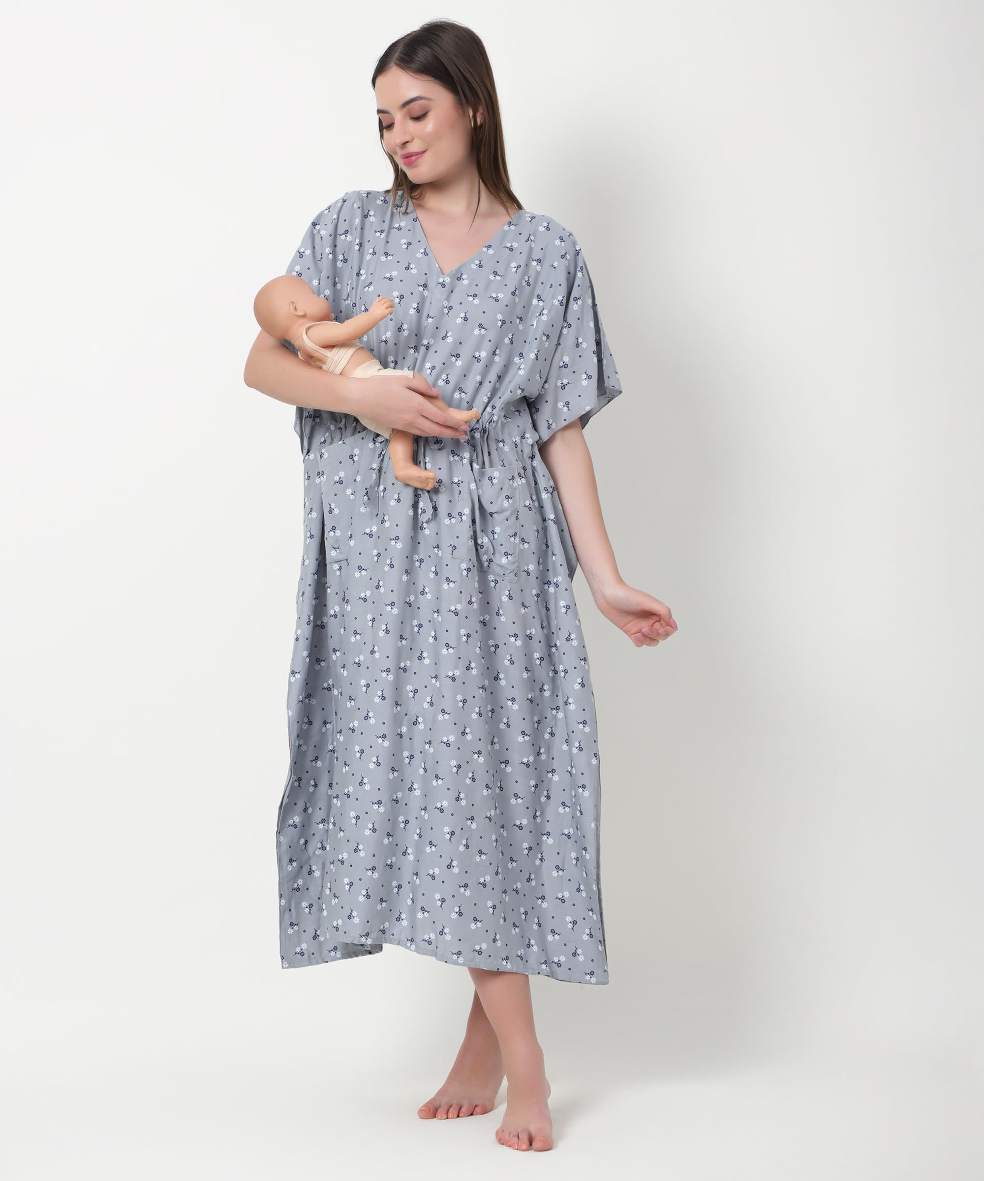 Noty® Women's-Printed Rayon Maternity & Nursing Kaftan with Both Side Zippers and Pockets | Soft & Breathable Feeding Nightwear Dress
