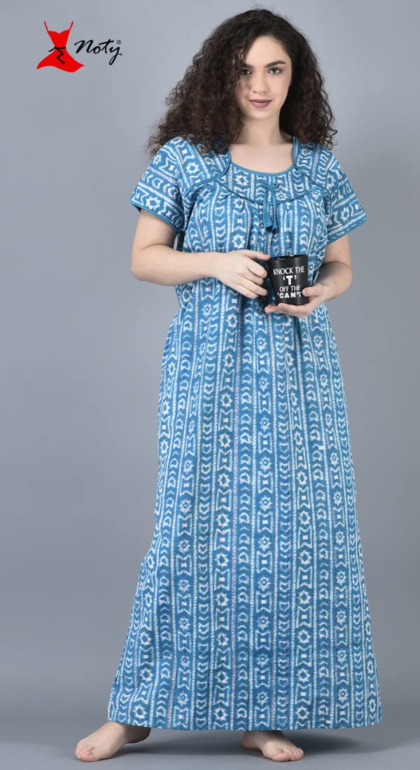Noty ® Women's- Cotton Nighty| Short Sleeves | Night Wear | Maxi for Women | U Shaped Neck - Cotton Fabric- Jaipuri Print