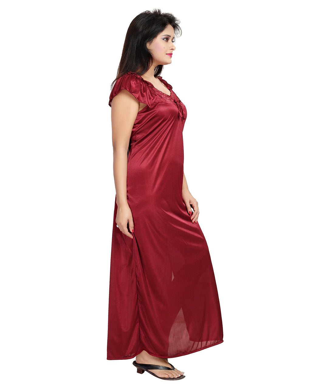 Noty Women's Satin Nighty, Robe, Top, Night Dress - Set of 6/7 (Maroon, Free Size)